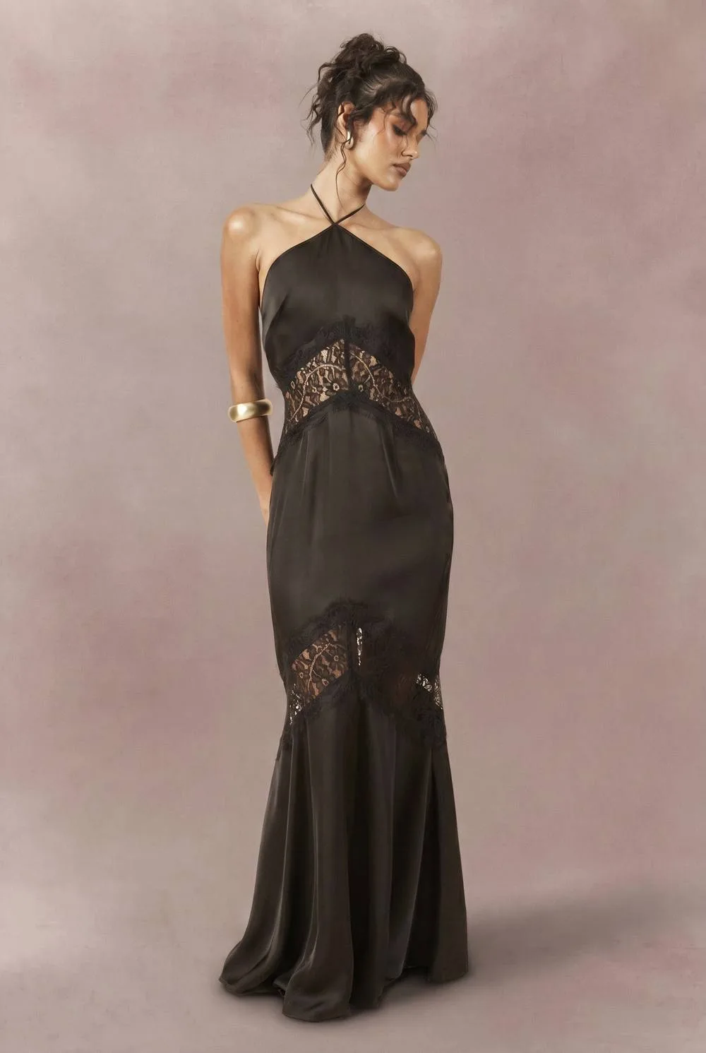 Satin & Lace Strappy Halterneck Maxi Slip Dress by boohoo