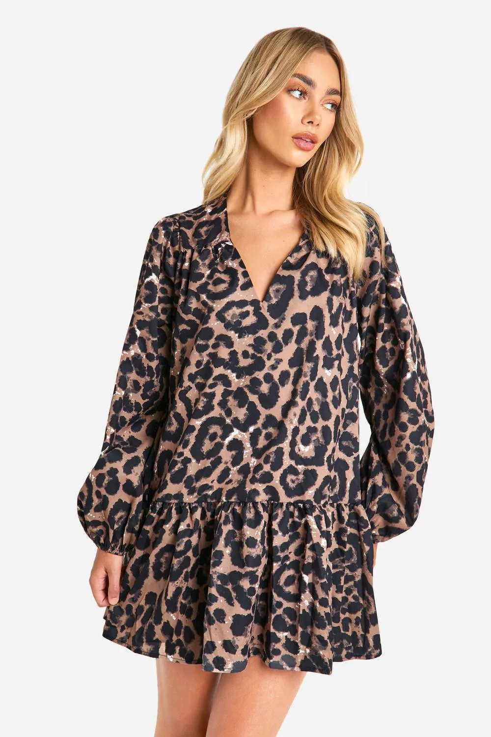 Leopard Drop Hem Smock Woven Dress by boohoo