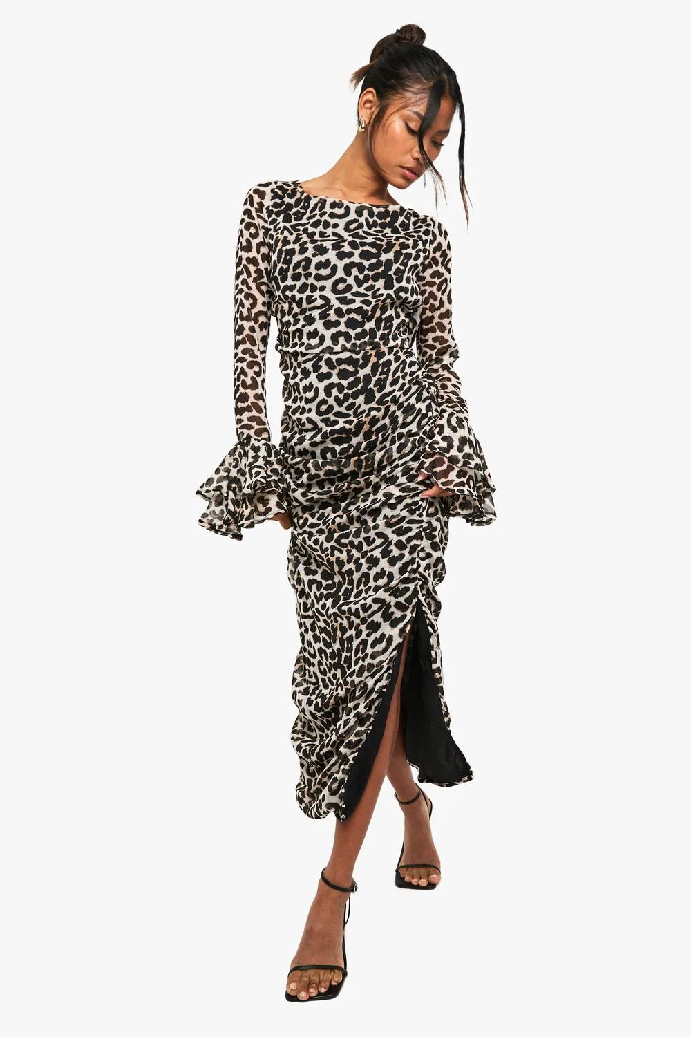 Leopard Chiffon Ruffle Midaxi Dress by boohoo