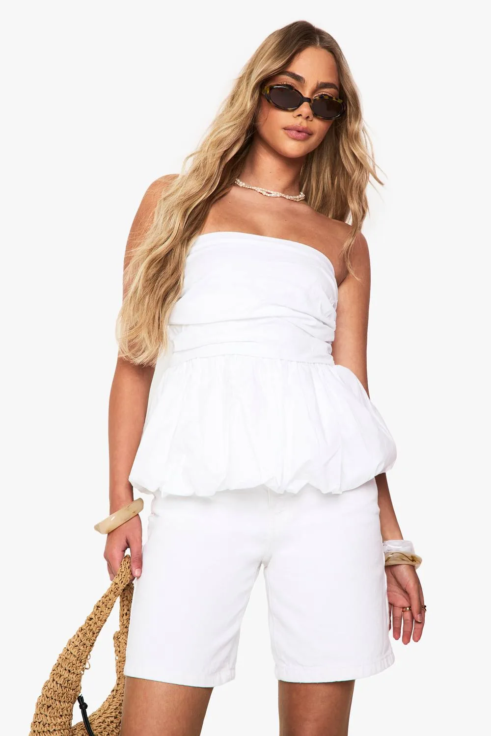 Cotton Poplin Ruched Puffball Top - Denim/Cotton/Woven by boohoo