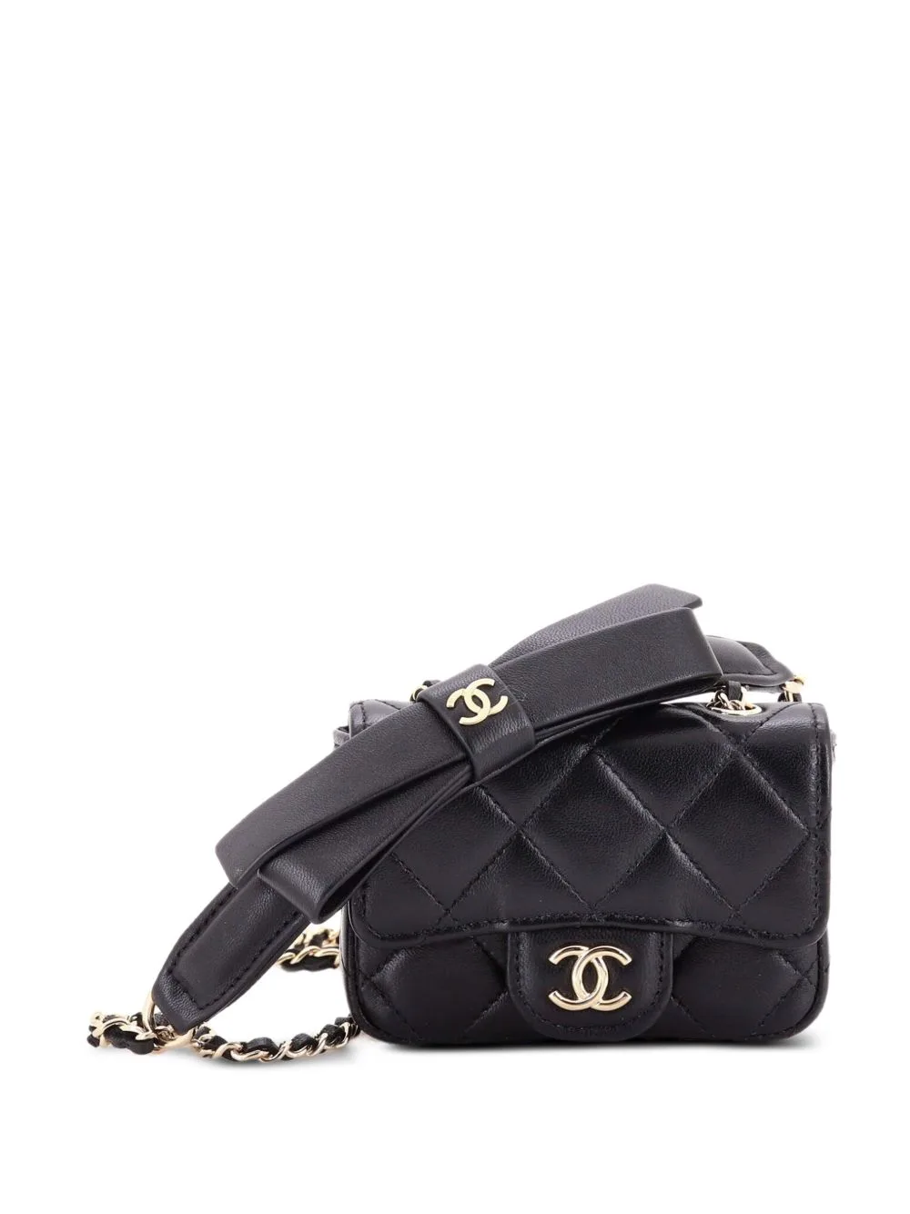 Bow Strap Card Holder on Chain Quilted Lambskin Clutch Bag by CHANEL Pre-Owned