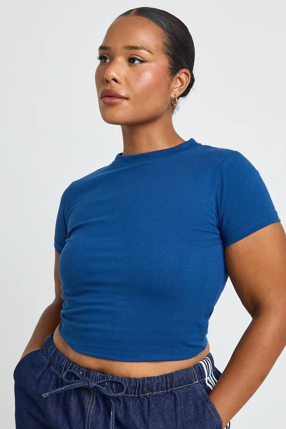 Basic Short Sleeve Longline Fitted Top - Denim/Cotton/Polyurethane by boohoo