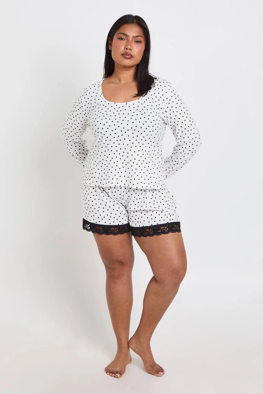 Polka Dot Long Sleeve & Short Pyjama Set - Knitted by boohoo