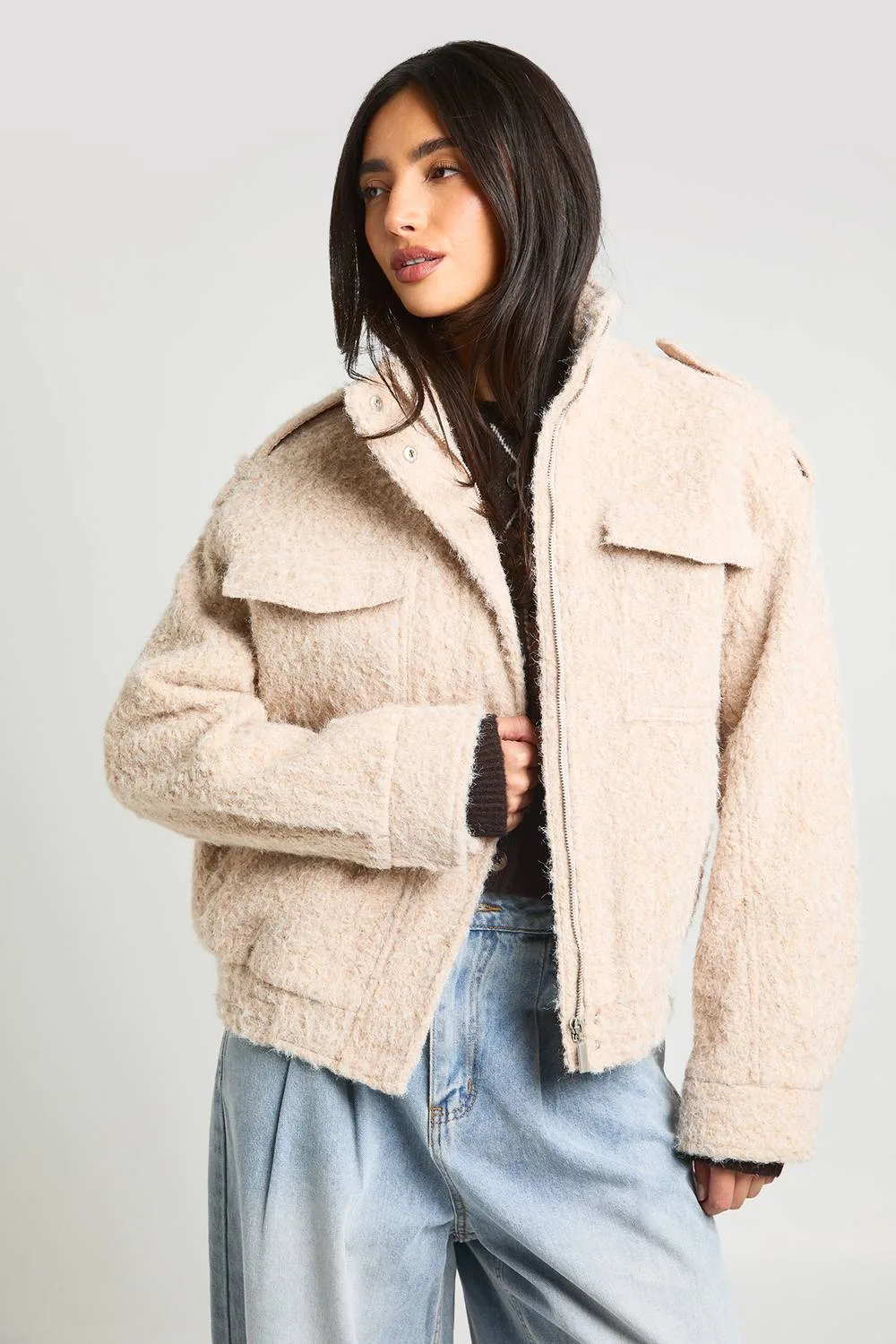Textured Oversized Wool Look Bomber Jacket - Woven by boohoo