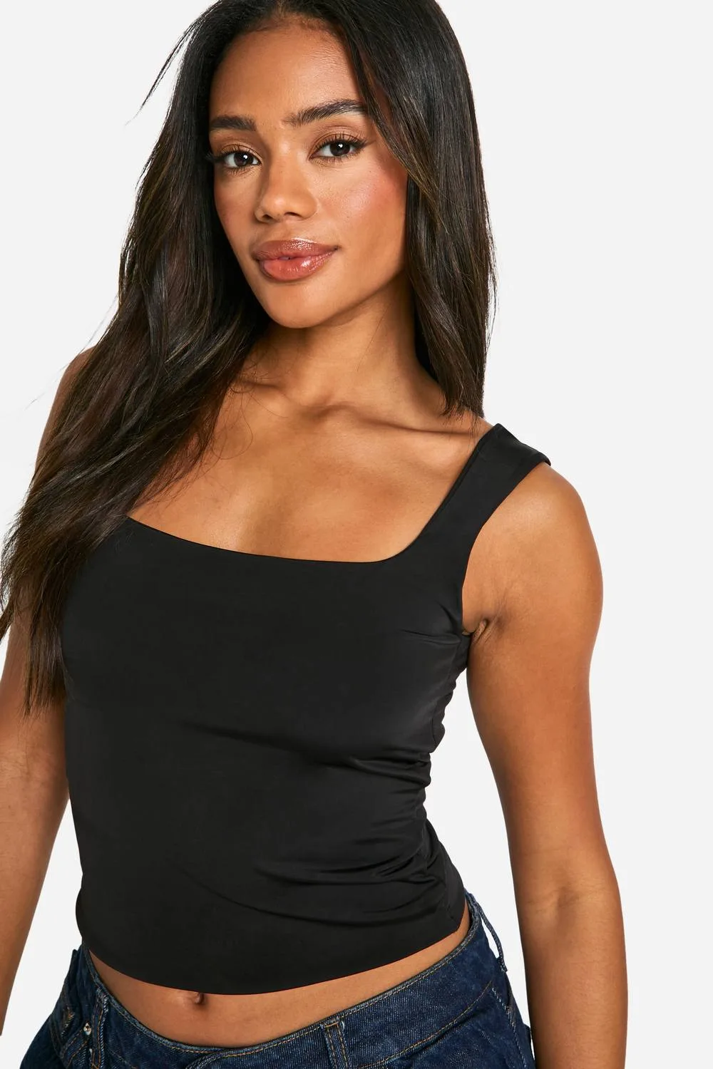 Double Layer Slinky Square Neck Crop Top - Knitted by boohoo