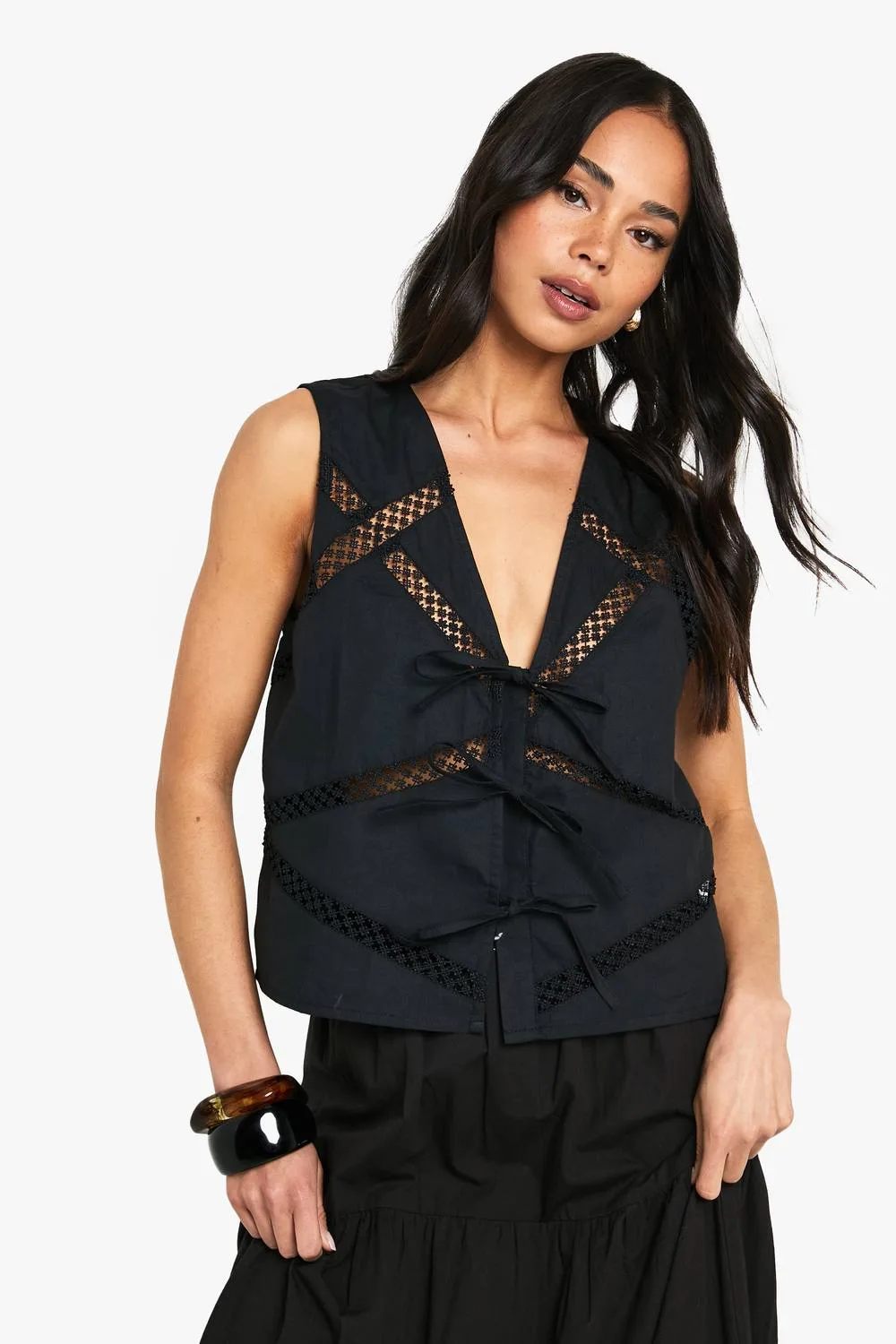 Lace Insert Tie Front Waistcoat - Denim/Woven by boohoo
