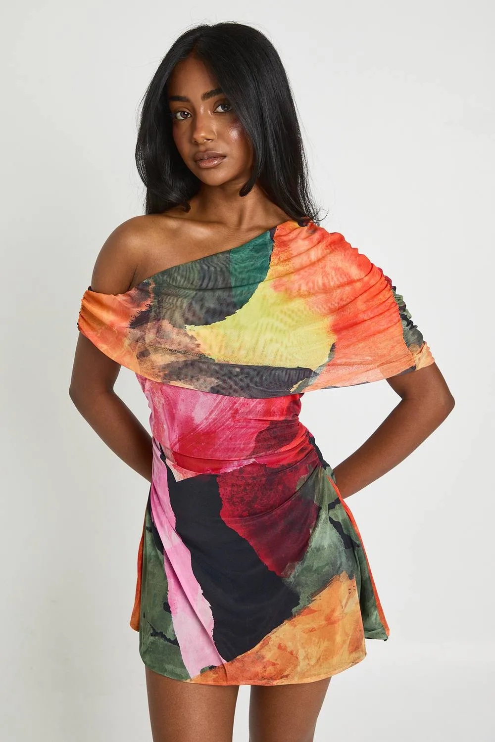 Floral Asymmetric Mesh Mini Dress by boohoo