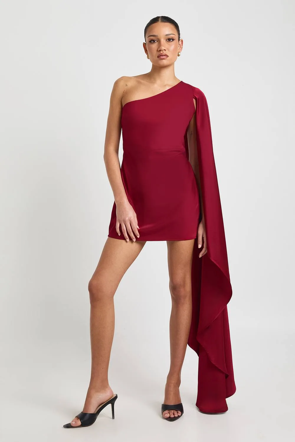 Satin One Shoulder Dress with Cape Sleeve
