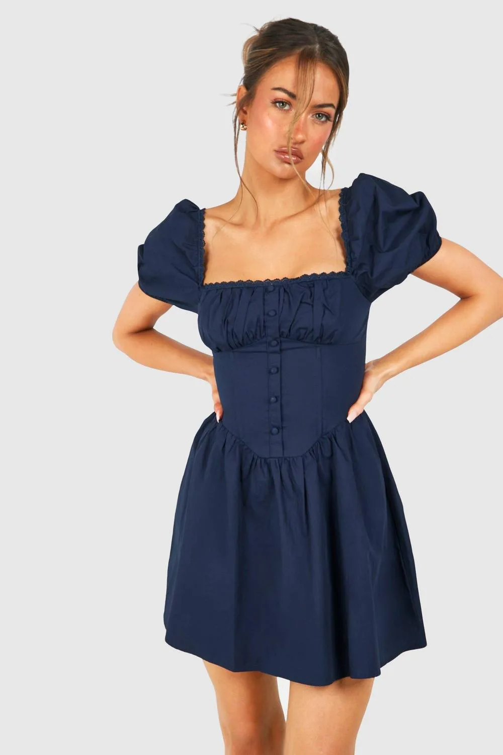 Puff Sleeve Cotton Rouched Milkmaid Mini Dress - Denim/Cotton/Polyurethane by boohoo