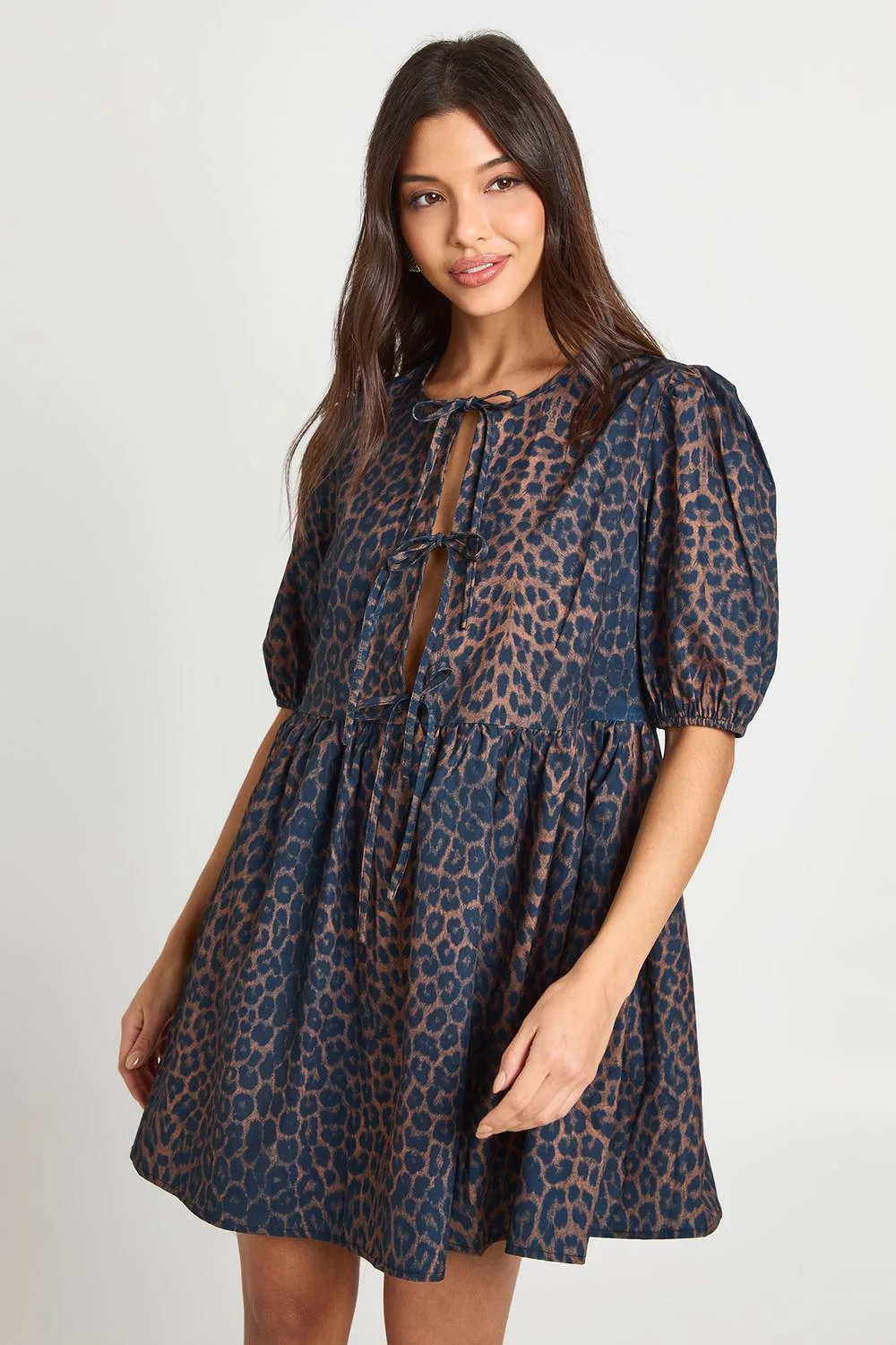 Leopard Tie Front Mini Dress - Denim/Polyurethane/Woven by boohoo