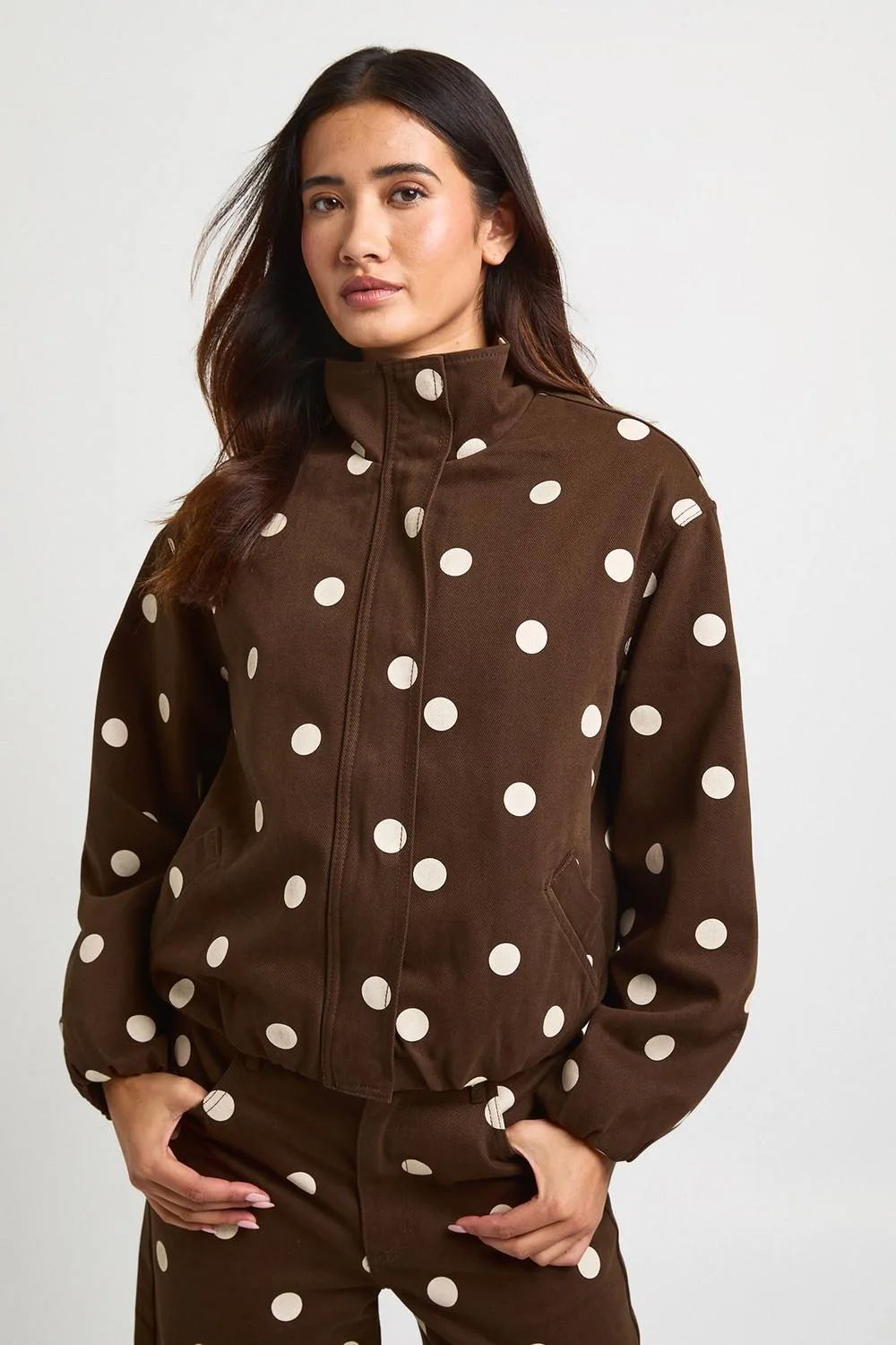 Polka Dot Funnel Neck Denim Bomber Jacket - Denim/Cotton/Polyurethane by boohoo