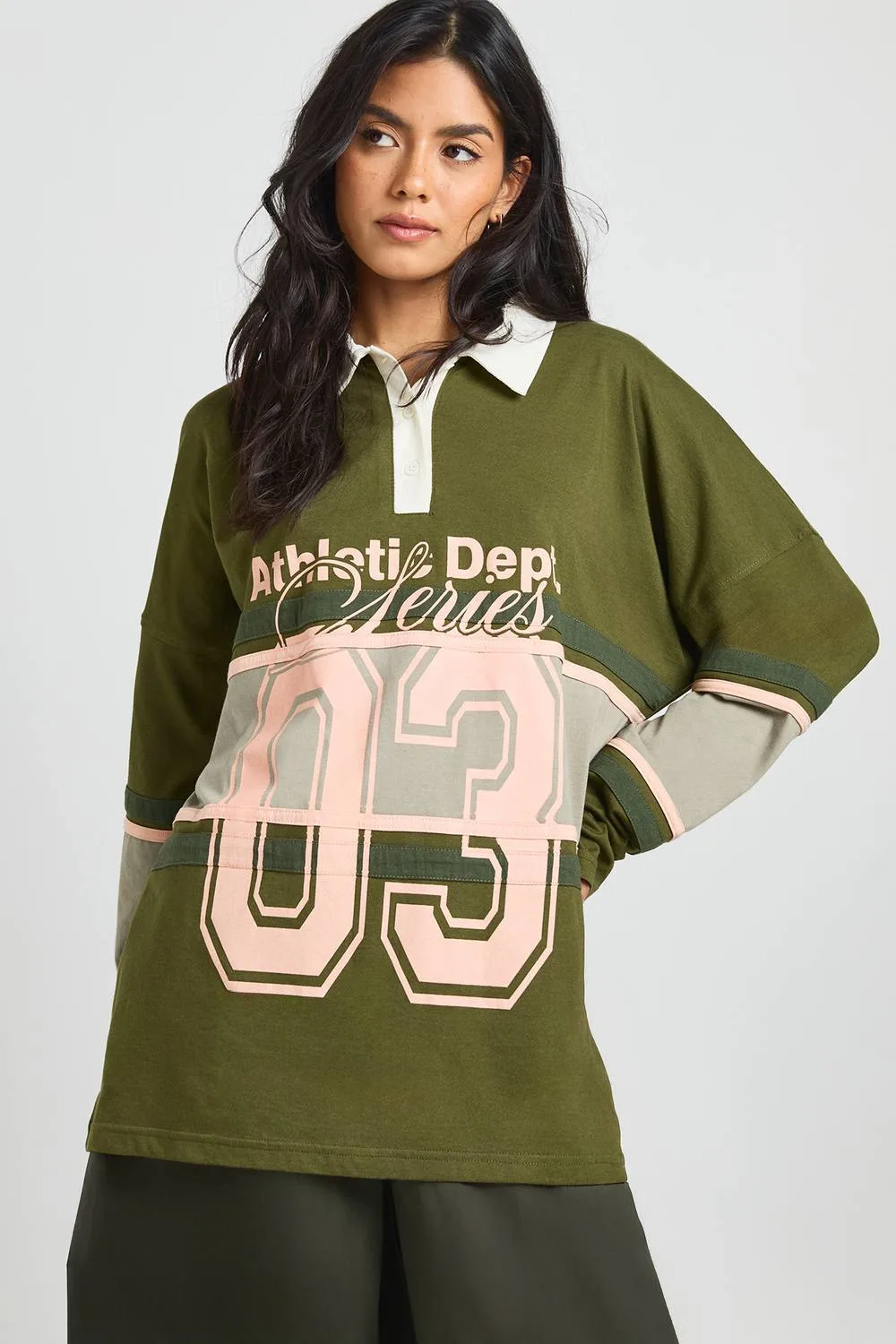 Varsity Graphic Front Contrast Rugby Top - Denim by boohoo