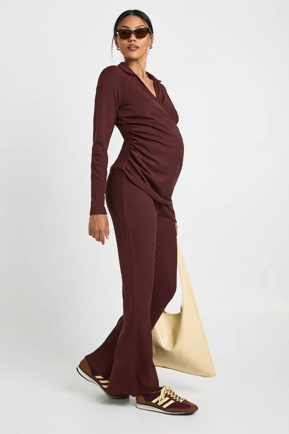 Maternity Rib Wrap Top & Trouser Co-Ord - Denim by boohoo