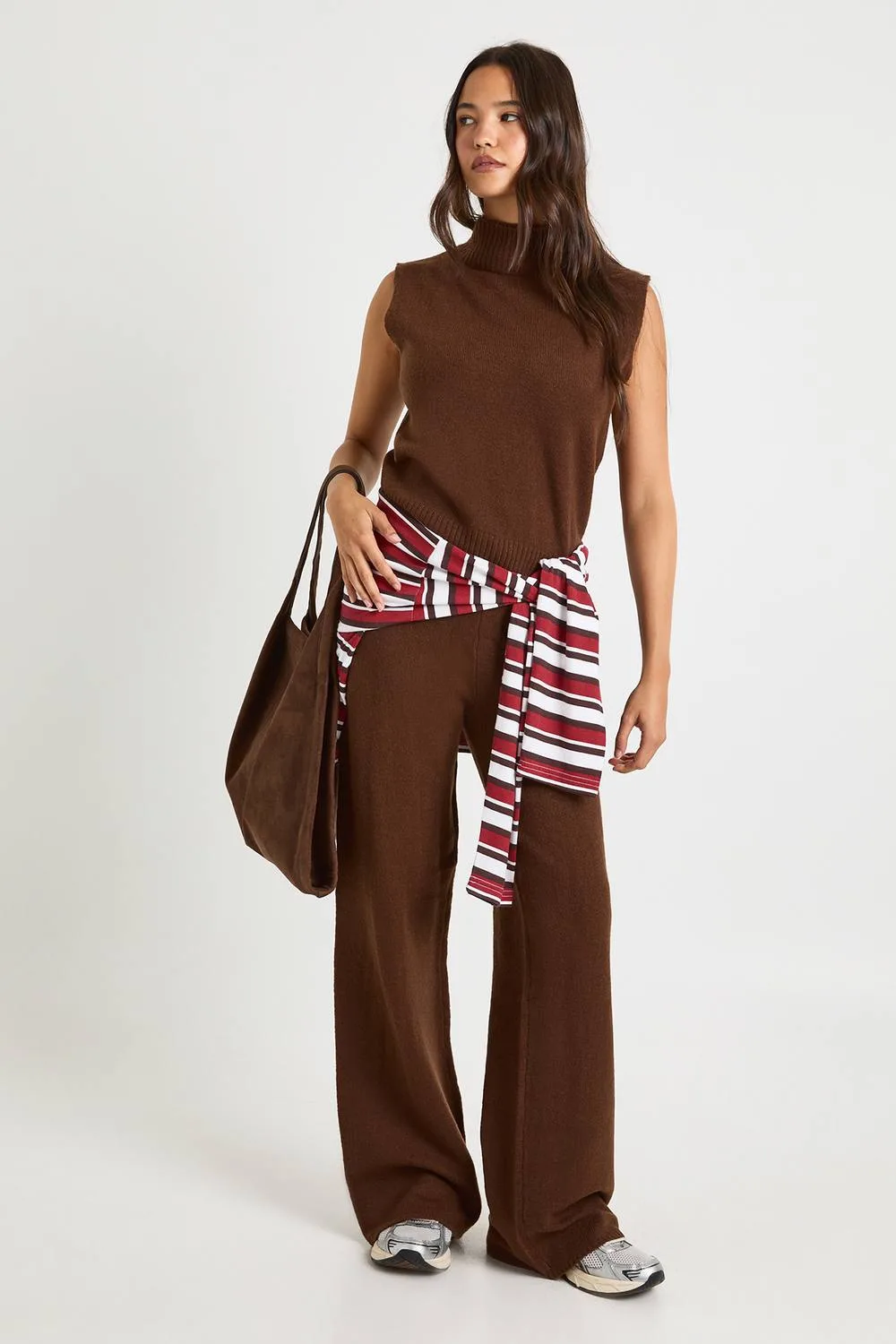 Split Neck Collar Super Soft Knitted Tank & Straight Leg Trouser Co-Ord Top