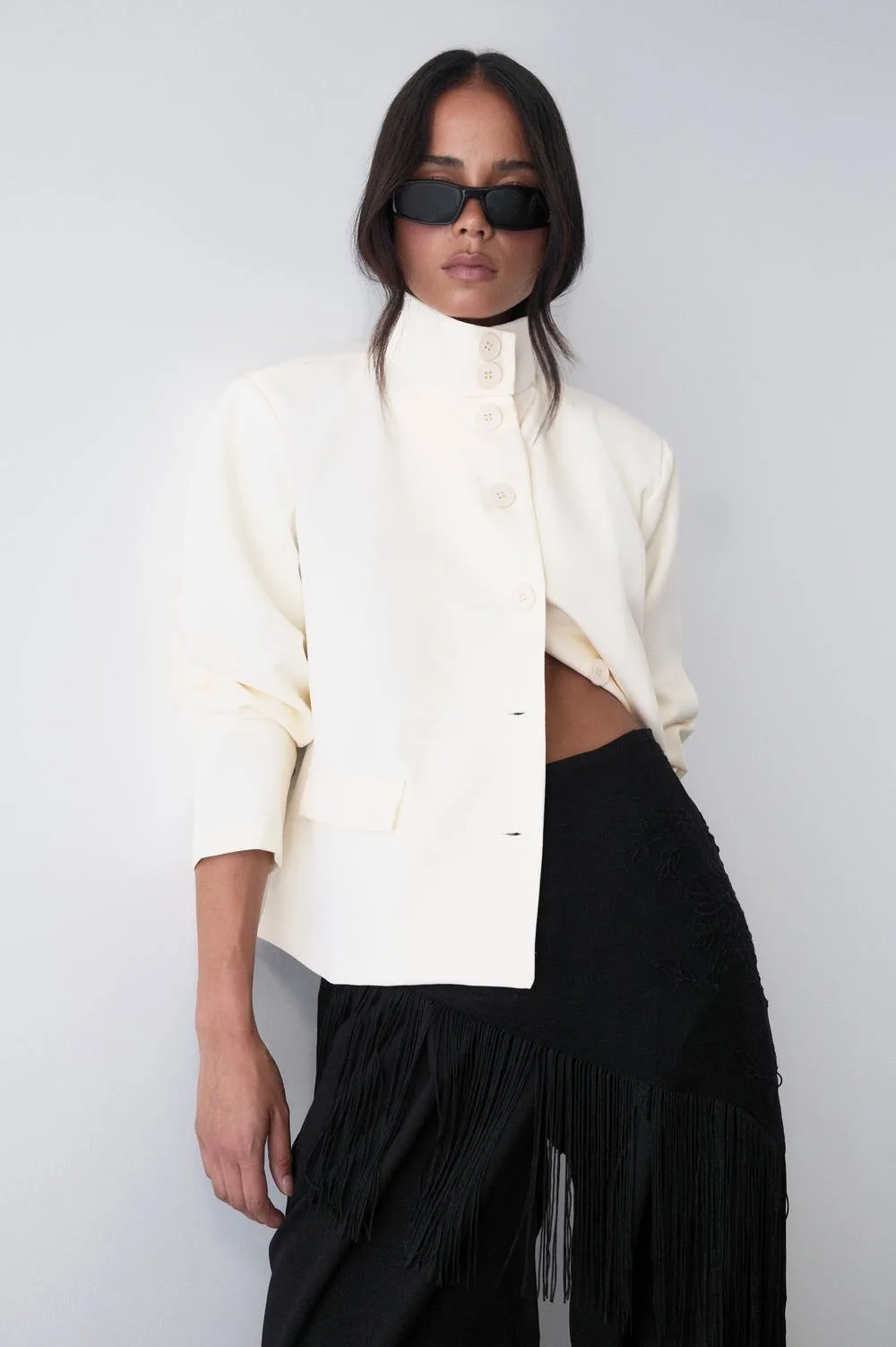 Funnel Neck Button Front Blazer - Polyurethane by boohoo
