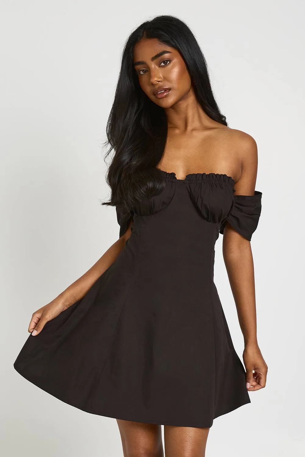 Ruched Bust Bardot Mini Dress - Cotton/Woven by boohoo