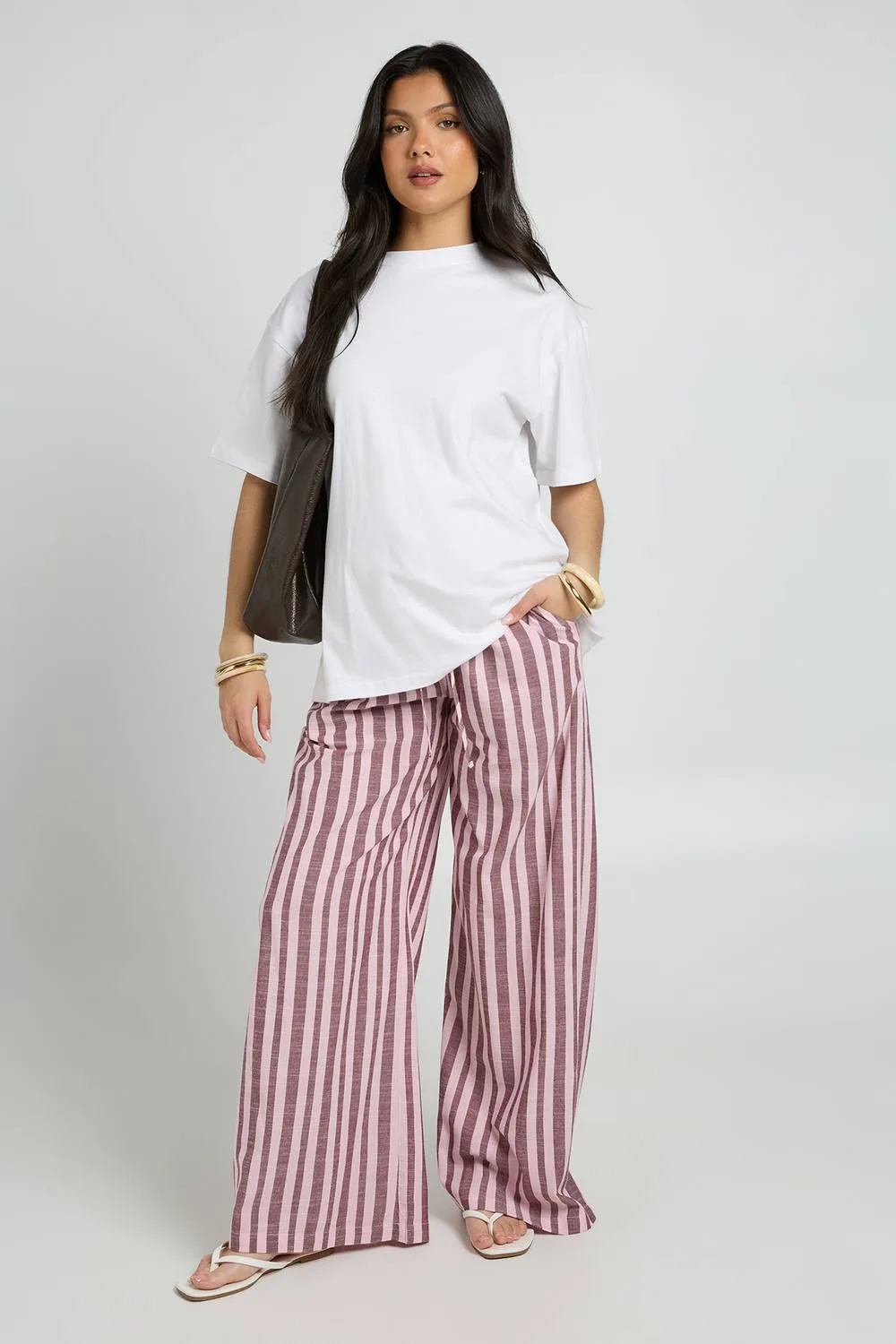 Maternity Woven Stripe Elasticated Waist Wide Leg Trouser - Cotton/Linen/Woven by boohoo