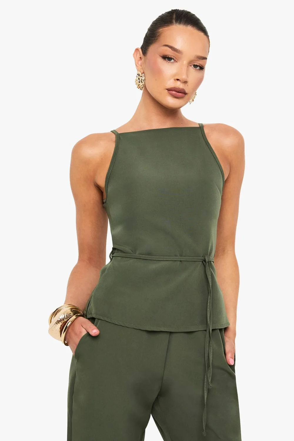 Woven Strappy High Neck Tie Waist Top - Denim/Woven by boohoo