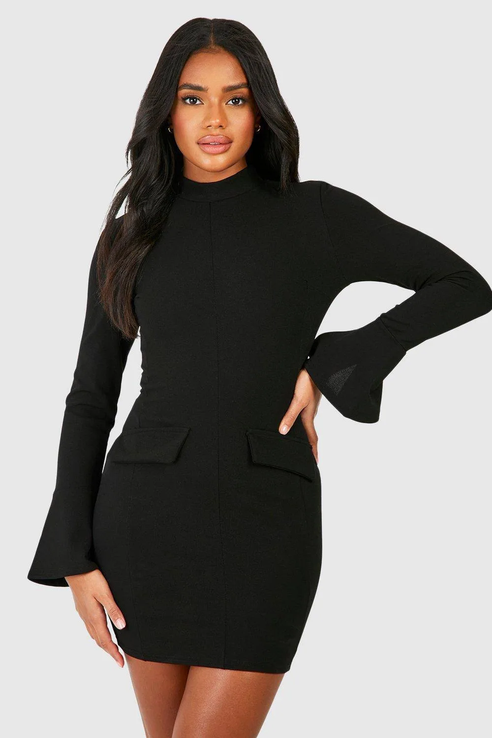 Crepe High Neck Pocket Detail Mini Dress - Polyurethane by boohoo