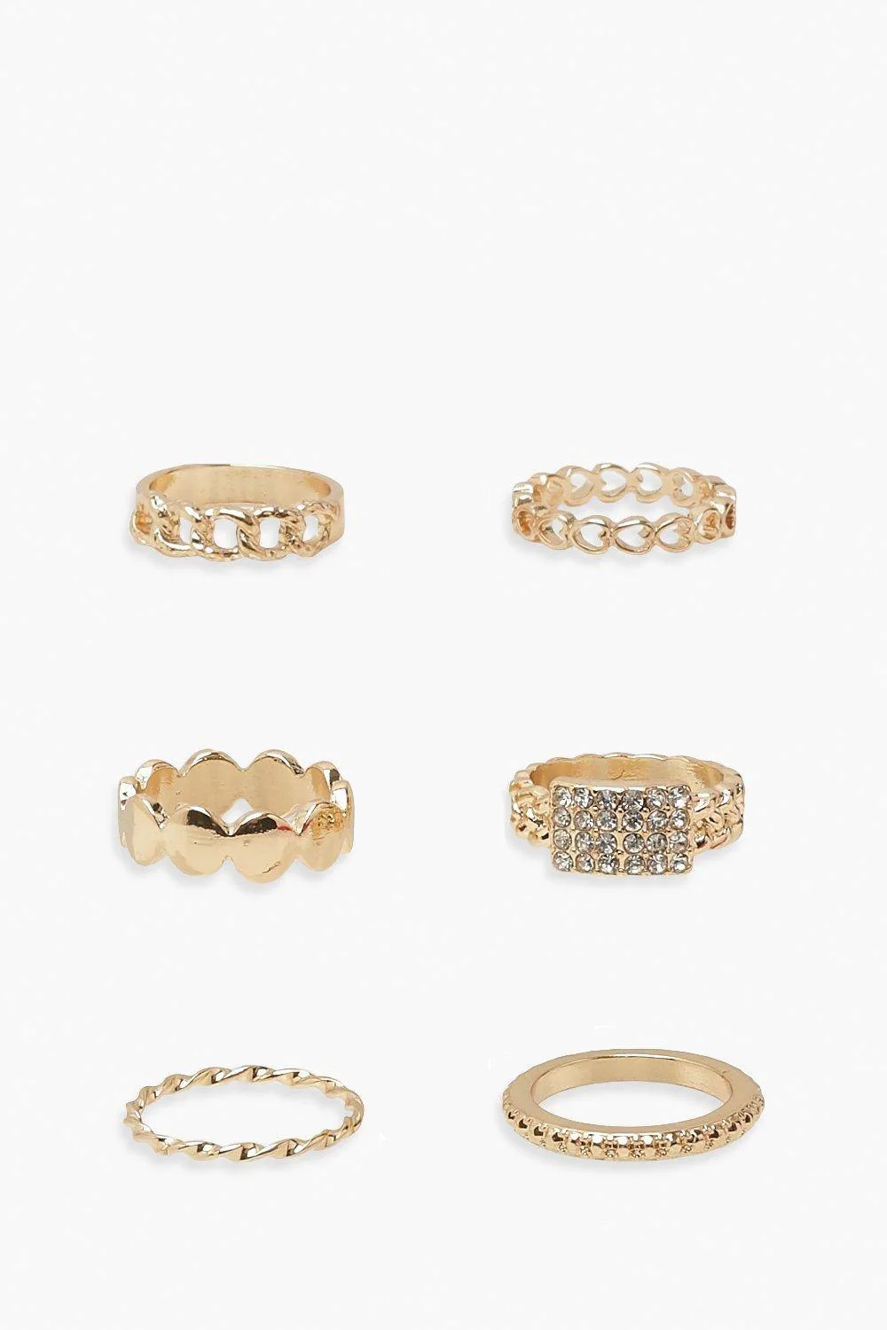 Assorted Diamante 6 Pack Ring Set - Metal by boohoo