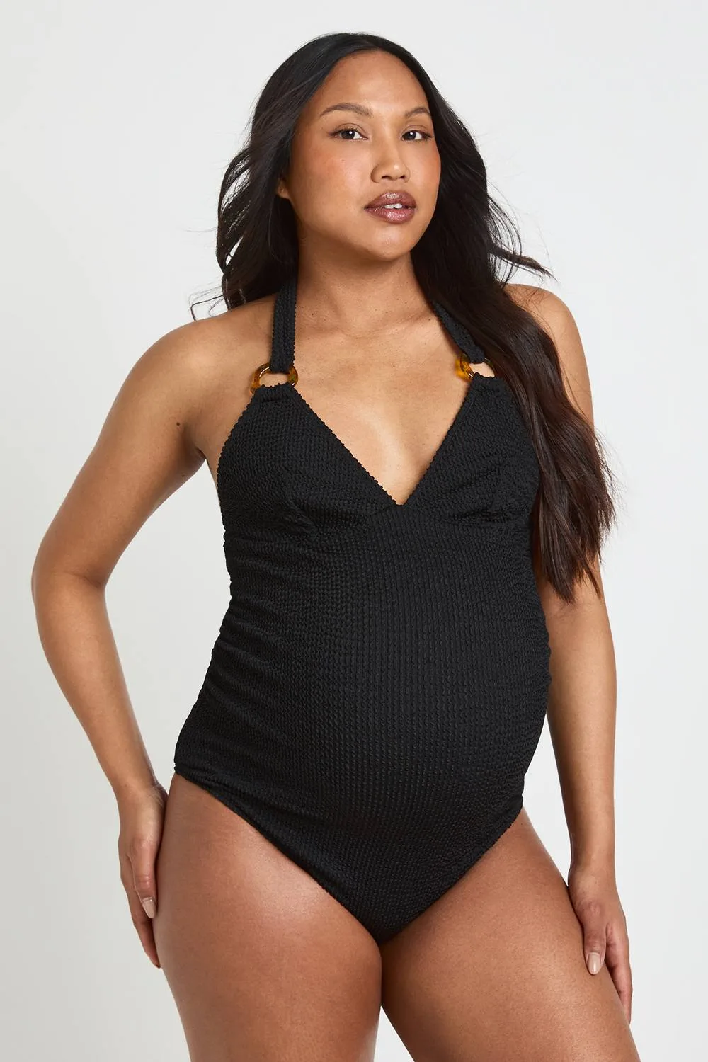 Maternity Crinkle Plunge Trim Detail Swimsuit - Elastane/Linen/Polyurethane
