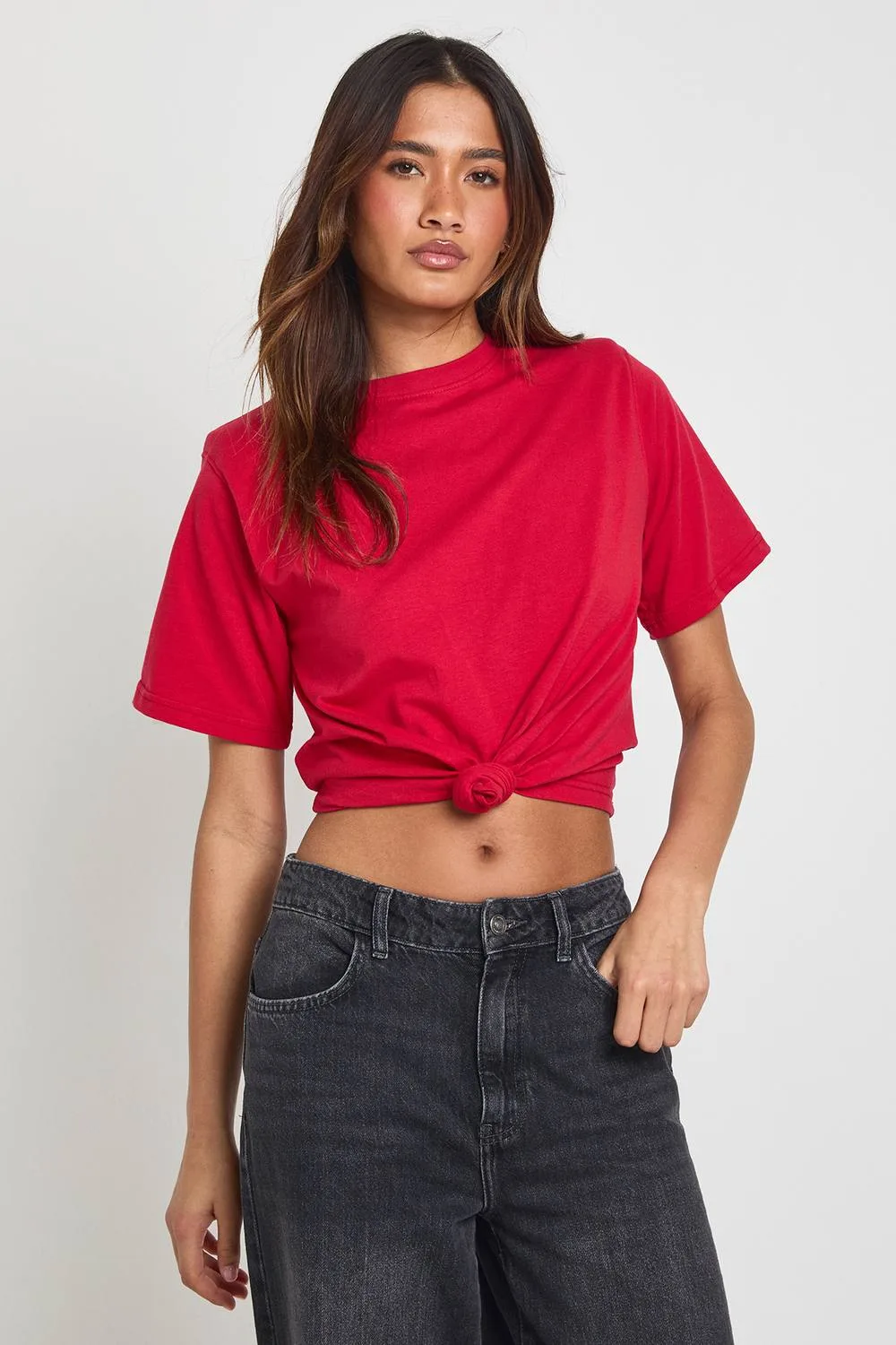 Shoulder Pad Knot Hem T-Shirt - Denim/Cotton by boohoo