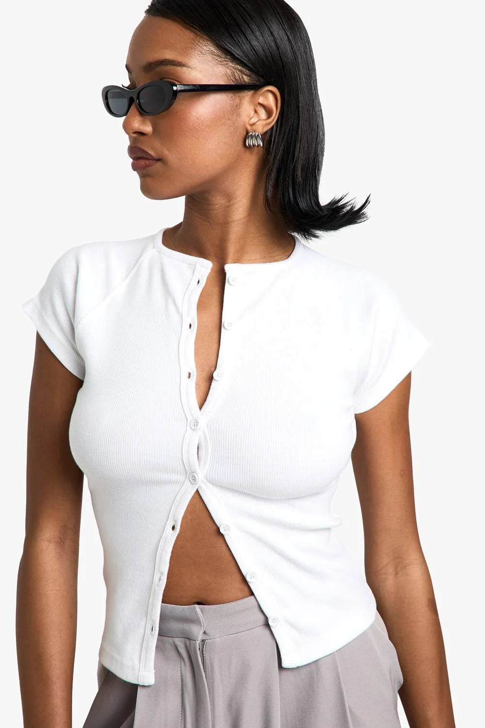 Rib Button Through Cap Sleeve Top - Knitted by boohoo