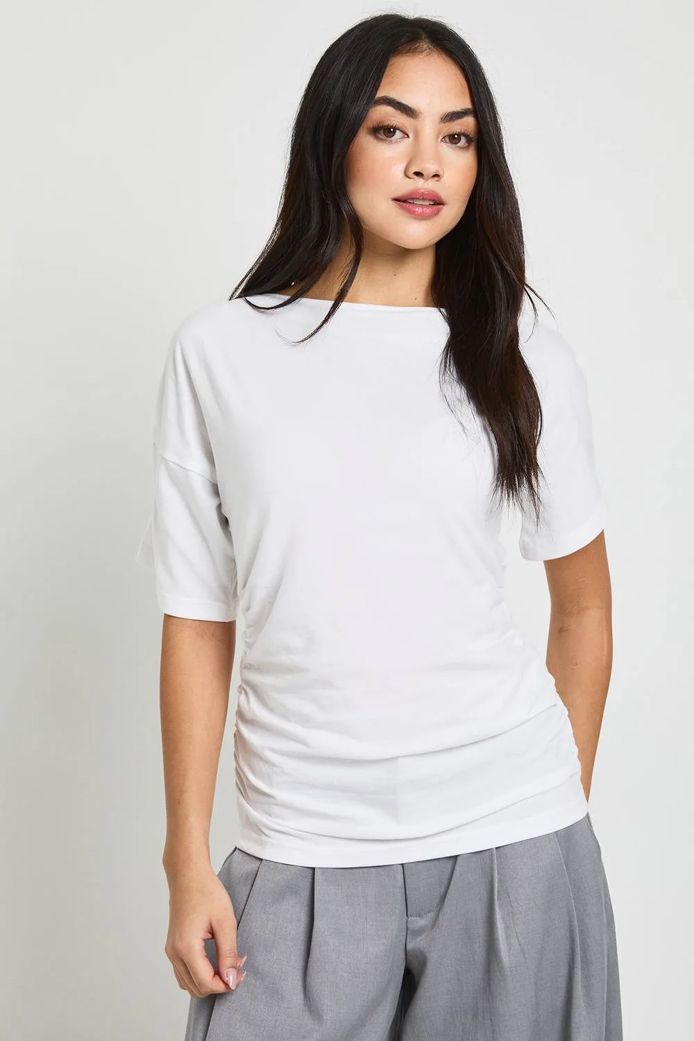Ruched Side Cinched T-Shirt - Denim/Cotton by boohoo