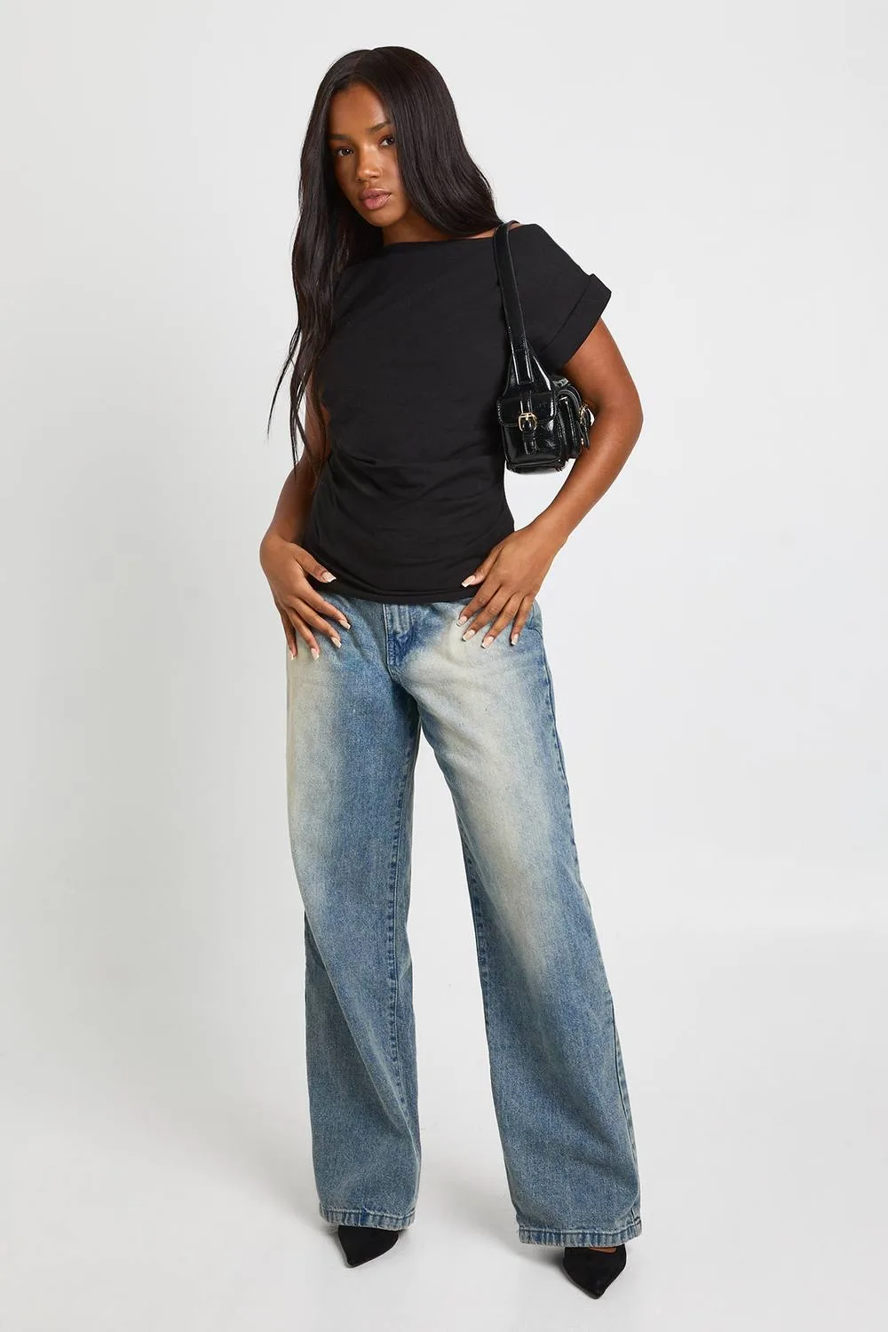 Jersey Cinched Waist Short Sleeve T-Shirt - Denim/Cotton by boohoo