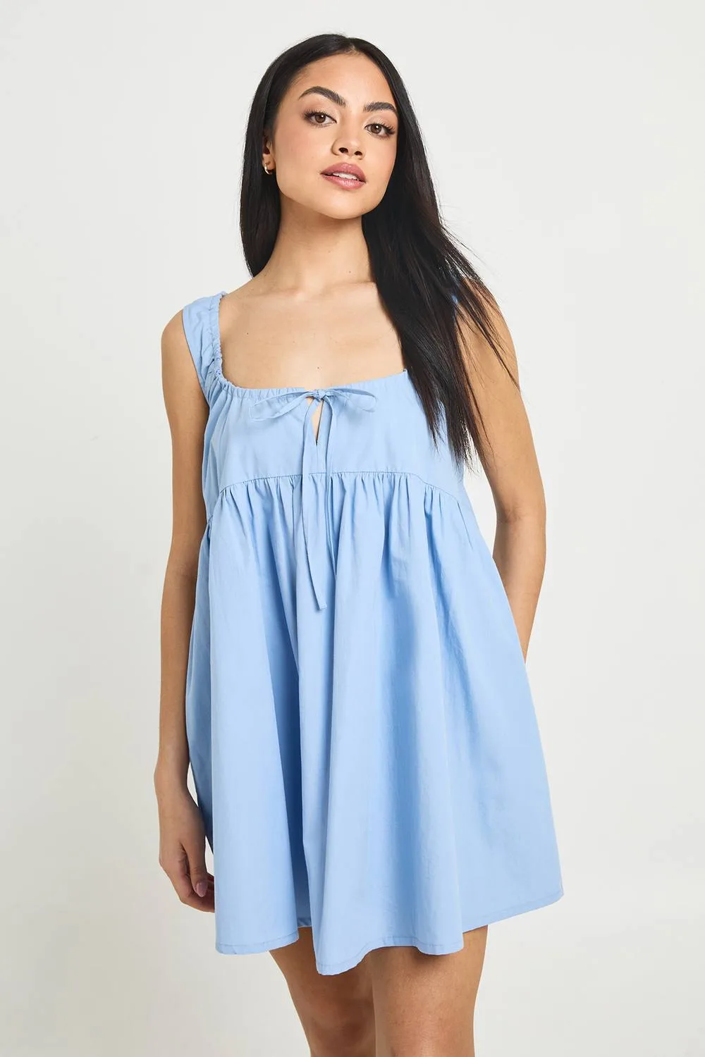 Tie Front Detail Mini Smock Dress - Denim/Cotton by boohoo