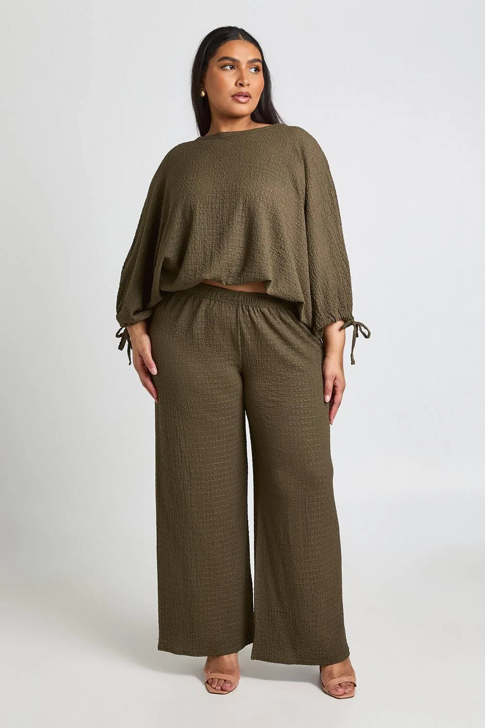 Textured Ruched Sleeve Balloon Hem Top & Wide Leg Trouser - Denim