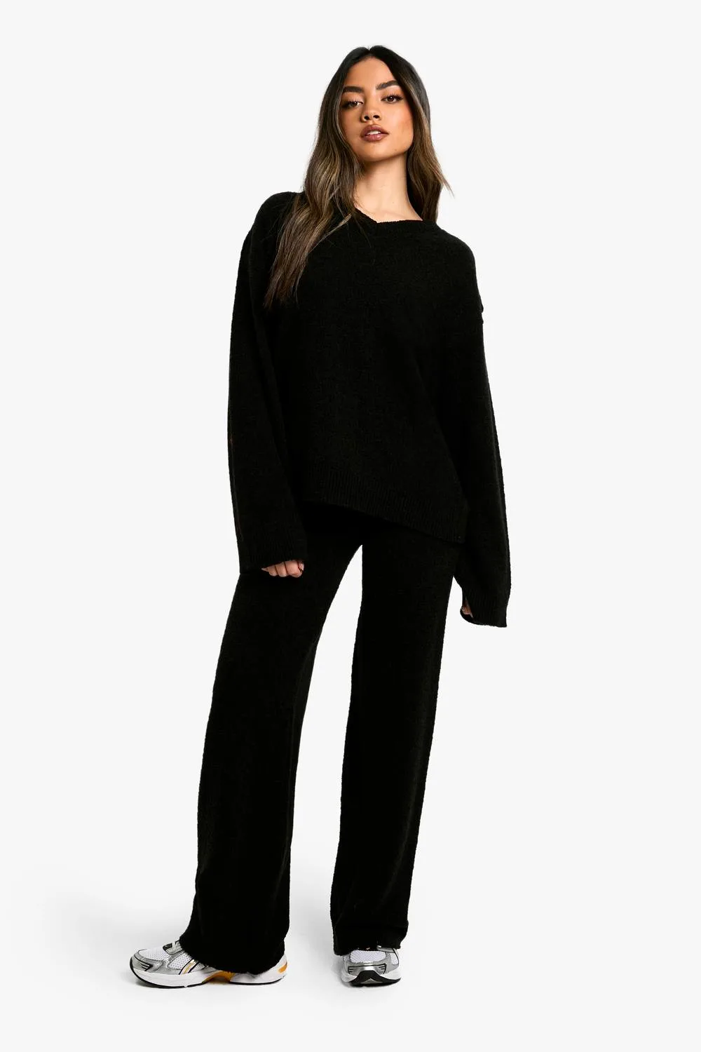 Soft Knit V Neck Jumper & Wide Leg Knitted Co-Ord by boohoo
