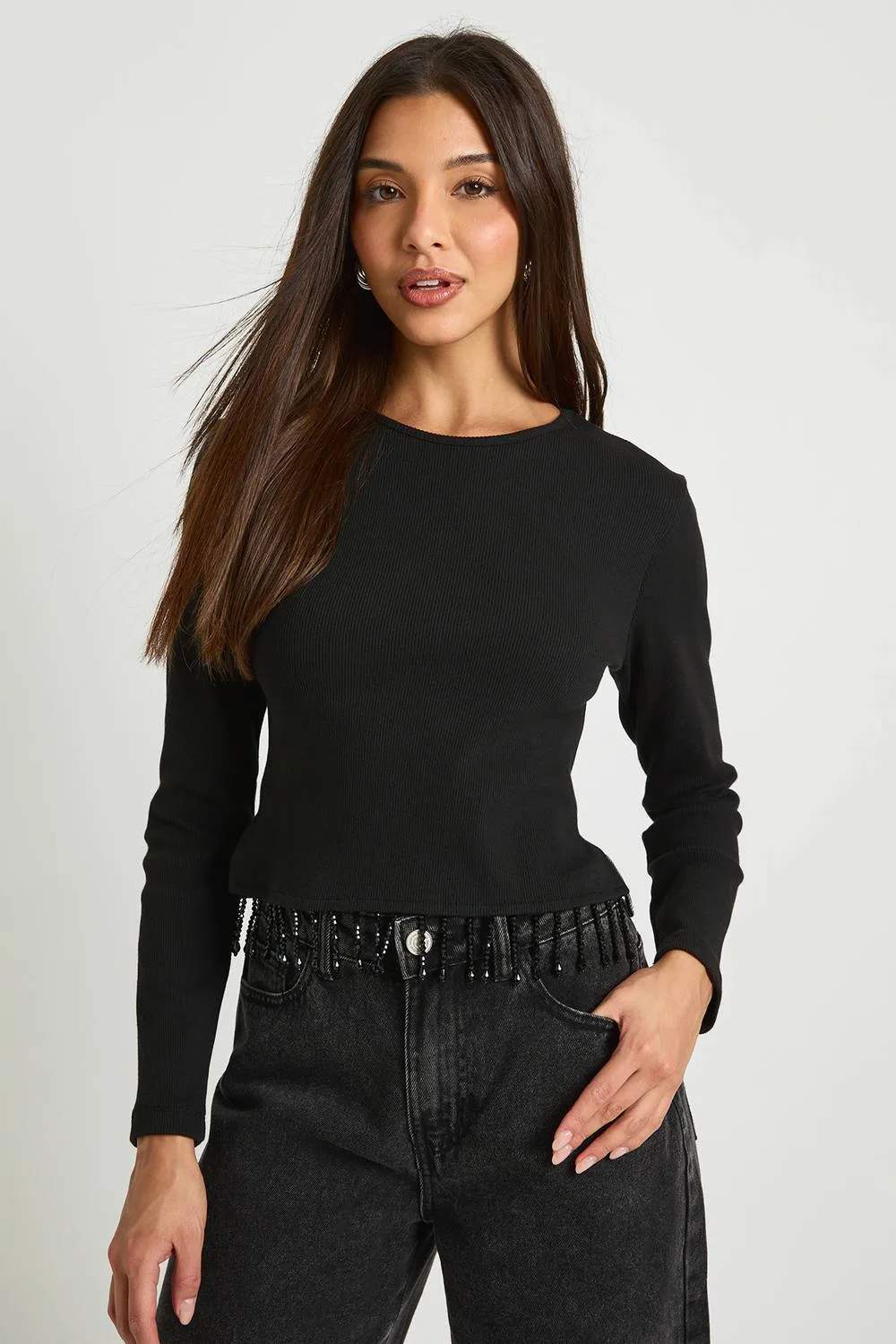 Sparkly Trim Long Sleeve Rib Top - Denim by boohoo