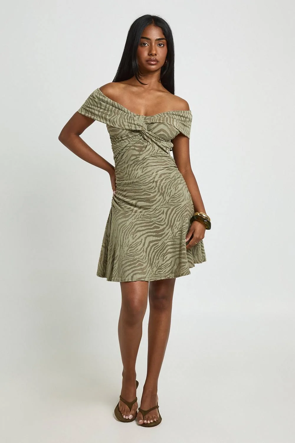Burnout Zebra Twist Bardot Frill Hem Dress - Polyurethane