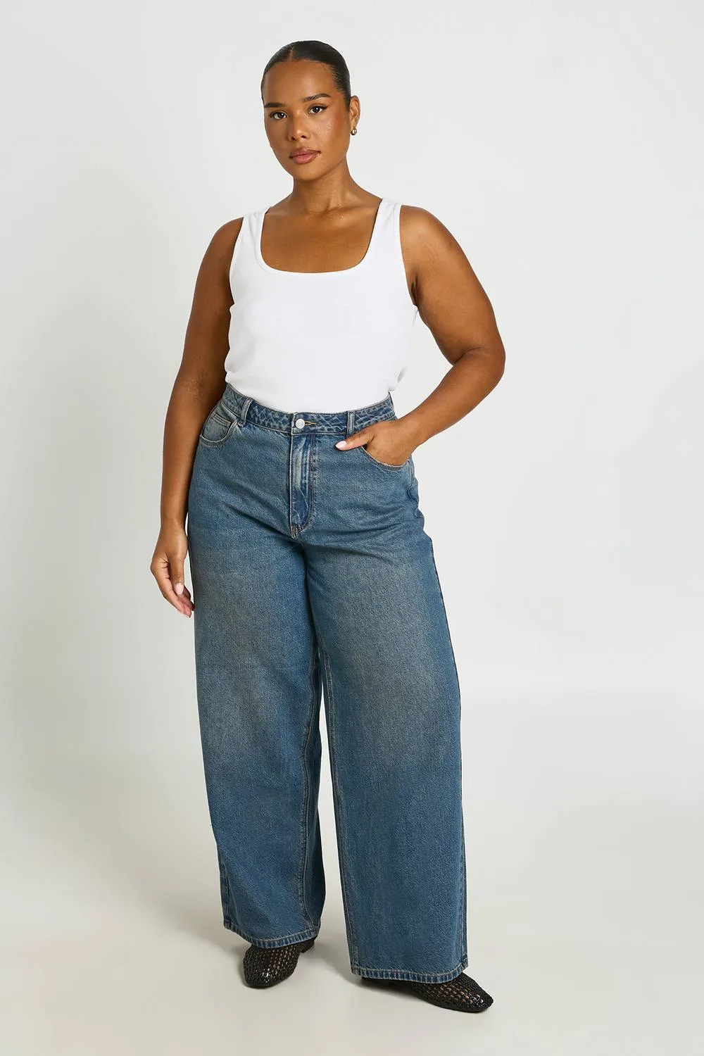 Mid Waist Loose Wide Leg Jean - Denim/Cotton/Polyurethane