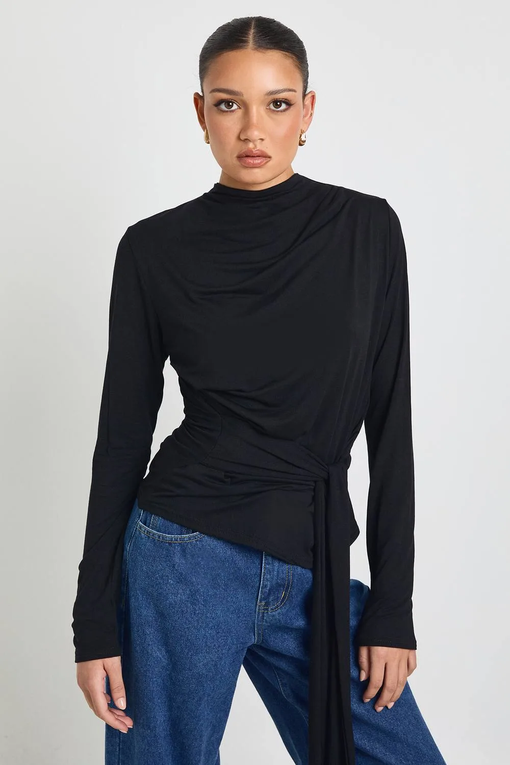 Cowl Neck Long Sleeve Tie Waist Top - Denim by boohoo