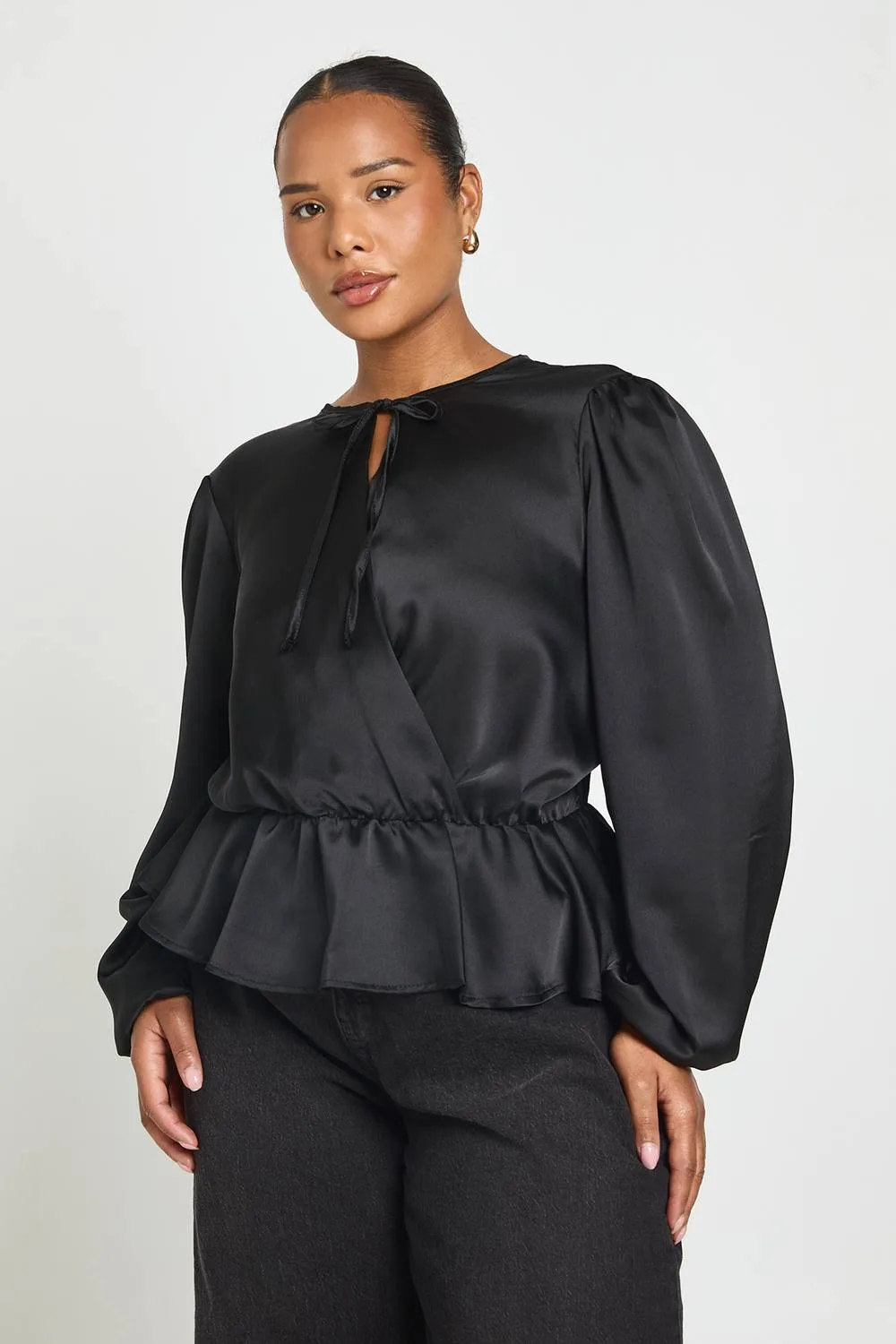 Puff Sleeve Keyhole Tie Smock Top - Denim/Satin/Polyurethane by boohoo