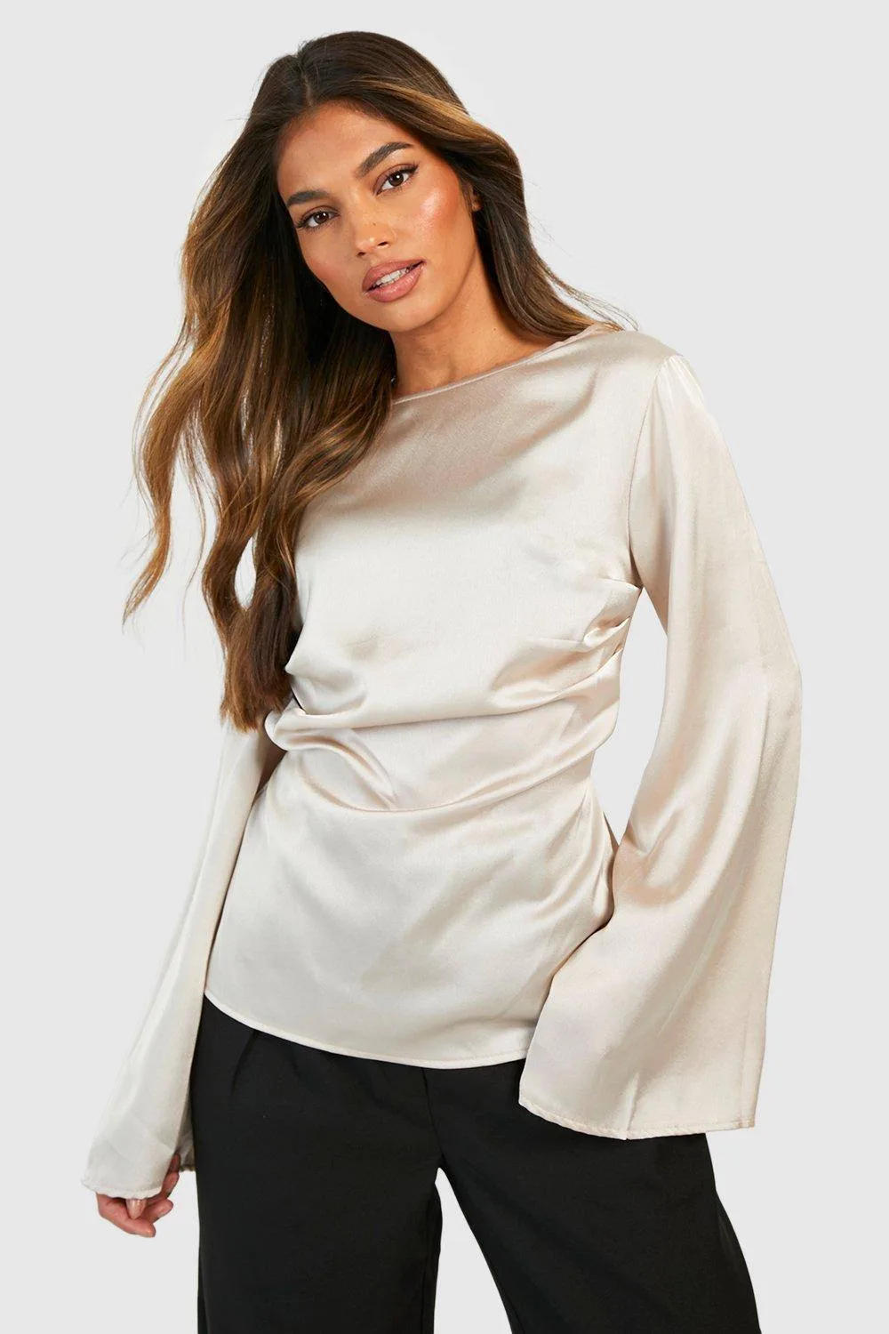 Satin Slash Neck Ruched Waist Blouse - Satin/Polyurethane by boohoo