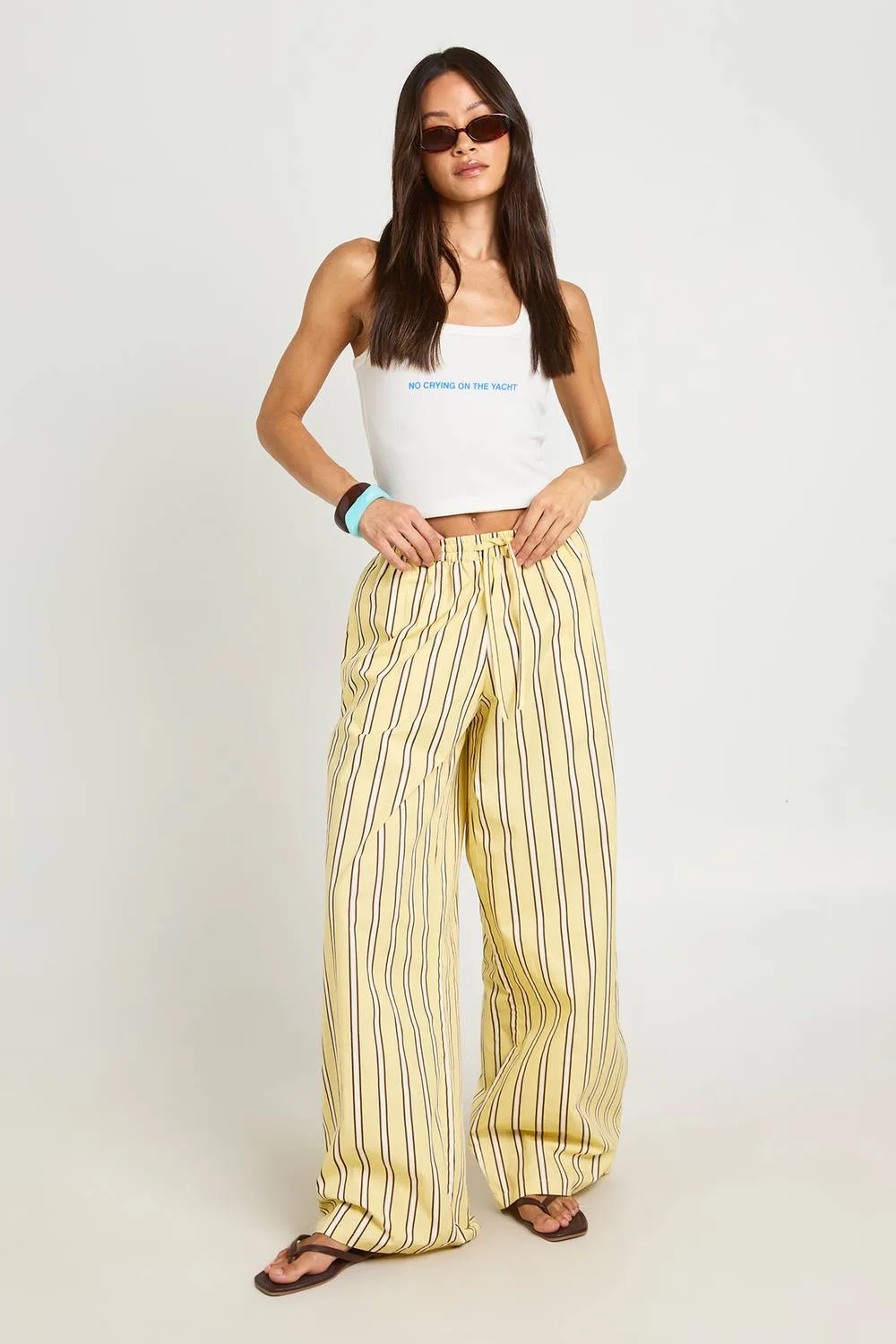 Stripe Cotton Poplin Wide Leg Trousers by boohoo