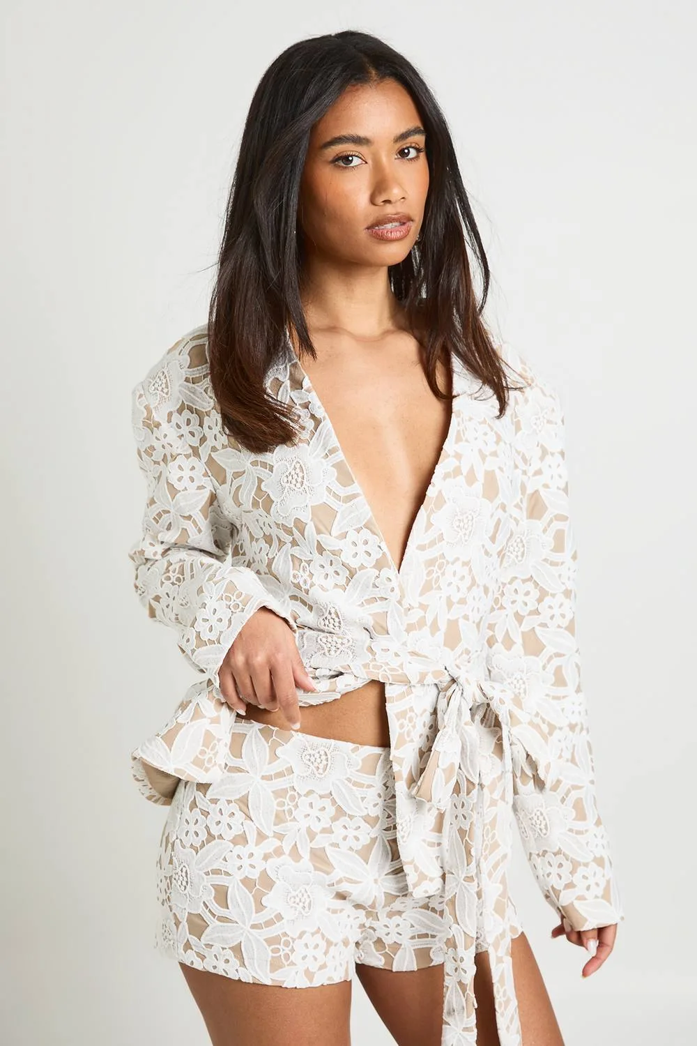 Lace Tailored Mini Shorts - Glass/Polyurethane/Woven