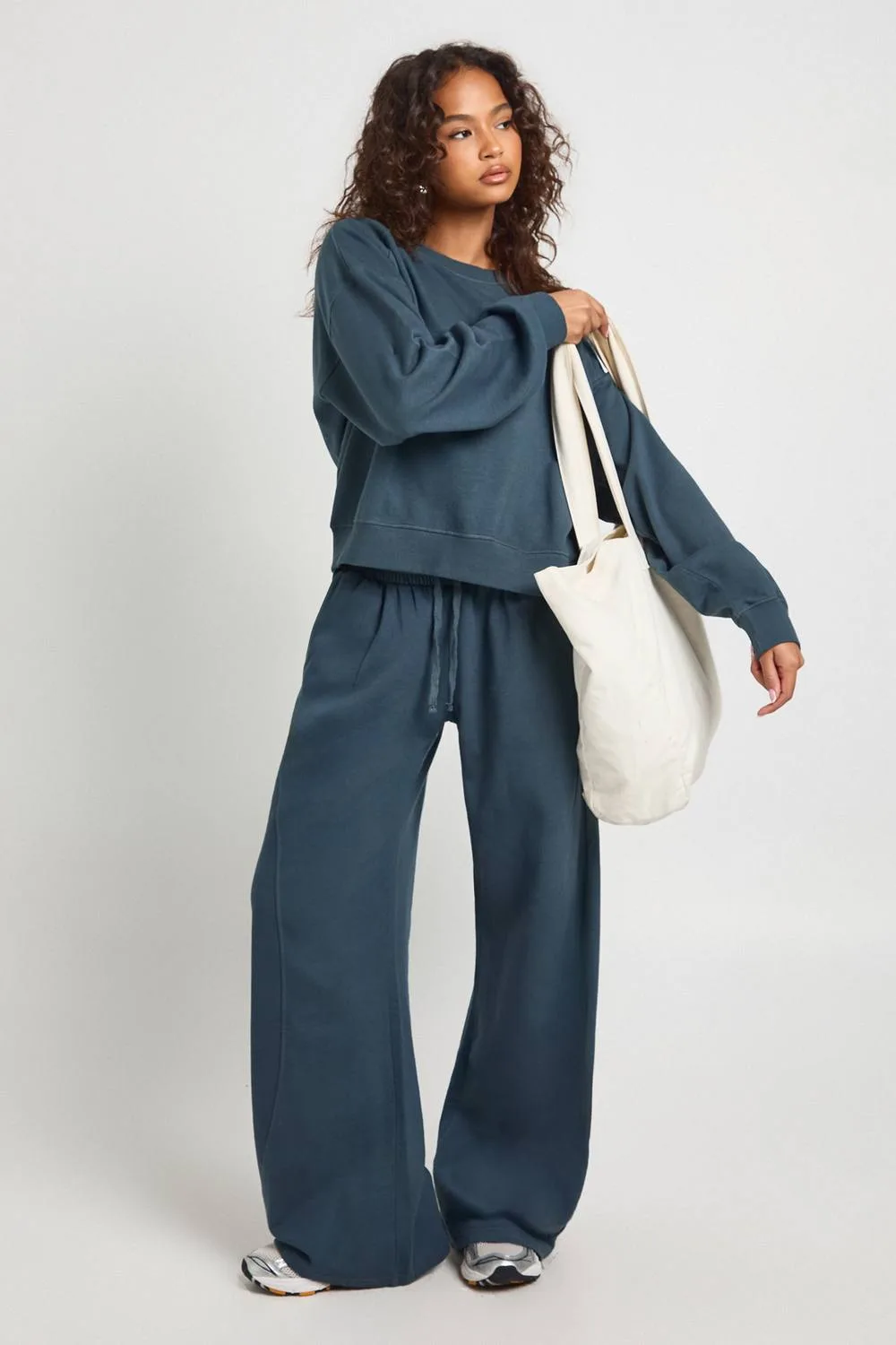 Washed Ribbed Detail Straight Leg Tracksuit - Denim/Polyurethane by boohoo