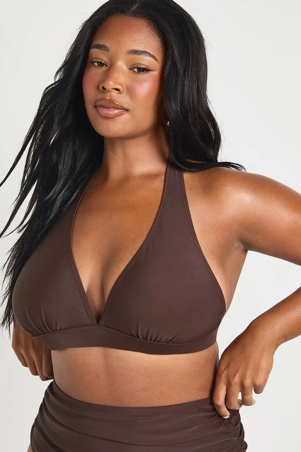 Essentials Plunge Halterneck Bikini Top - Polyurethane by boohoo