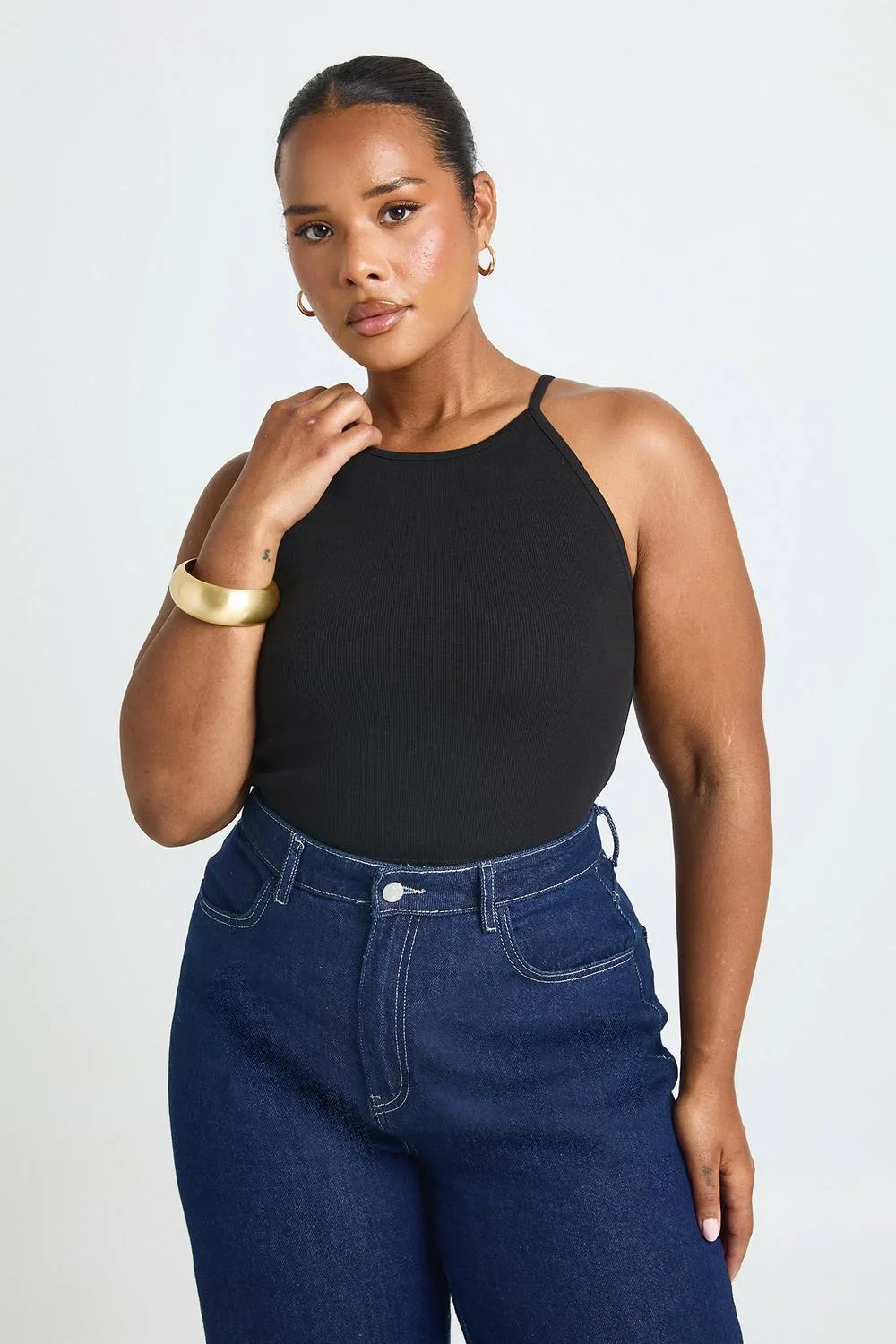 Rib Boat Neck Strappy Vest Top - Denim/Polyurethane by boohoo