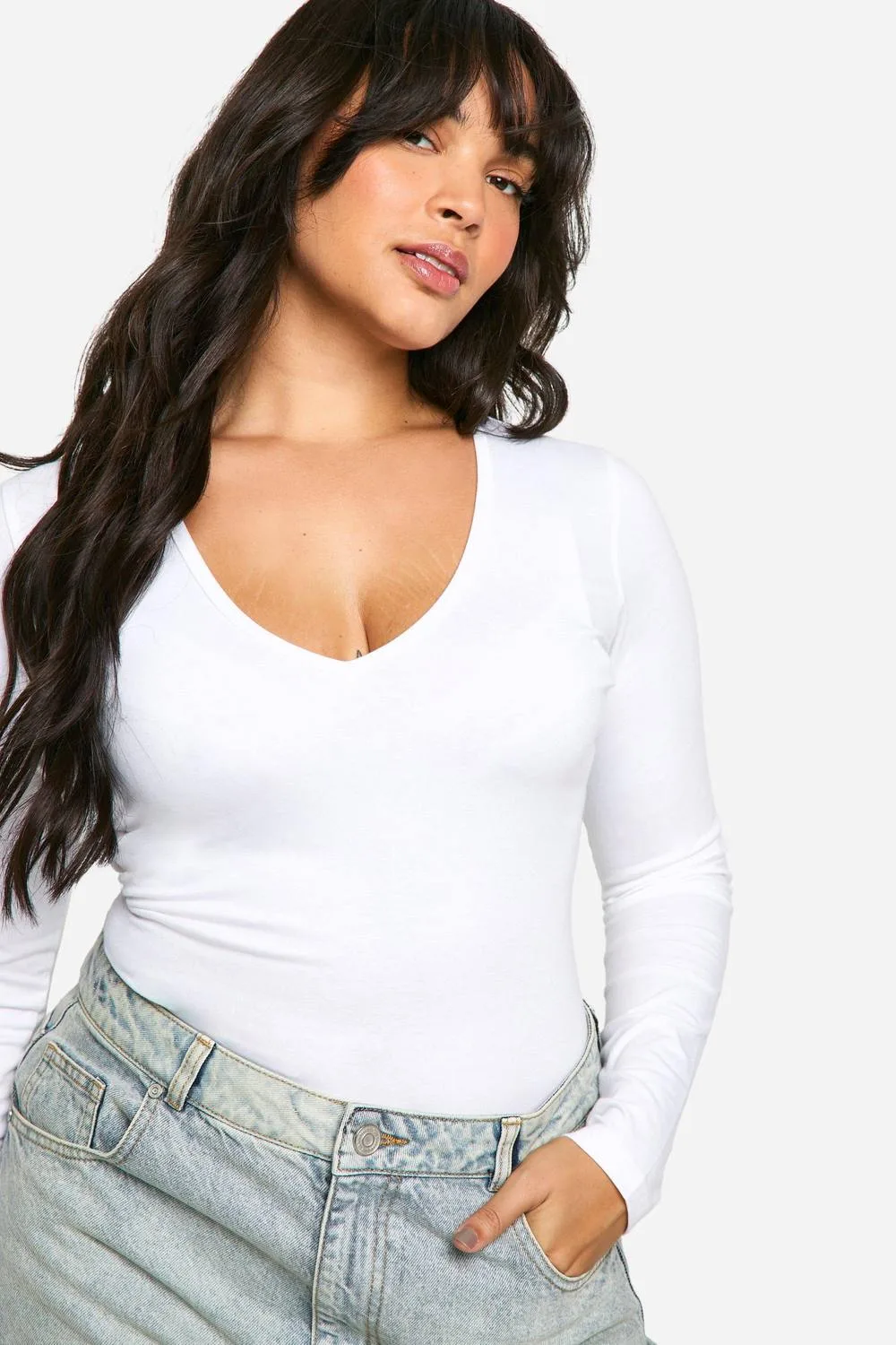 Cotton Plunge Long Sleeve Bodysuit by boohoo