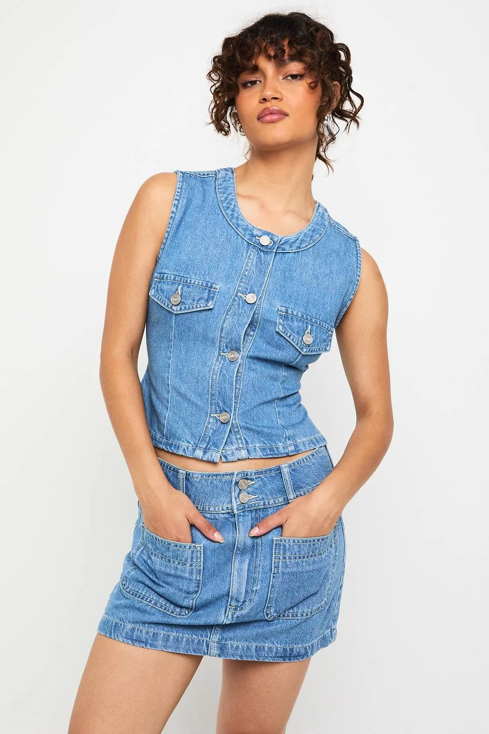 Denim Pocket Detail Mini Skirt - Denim/Polyurethane by boohoo