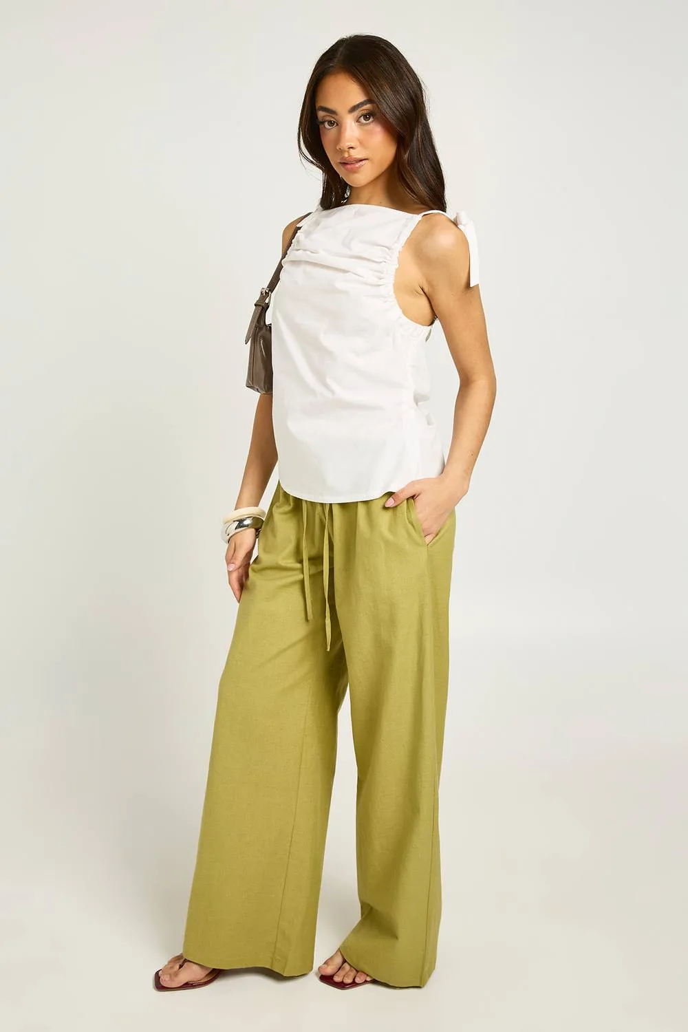 Tie Shoulder Poplin Top - Denim/Cotton/Polyurethane by boohoo