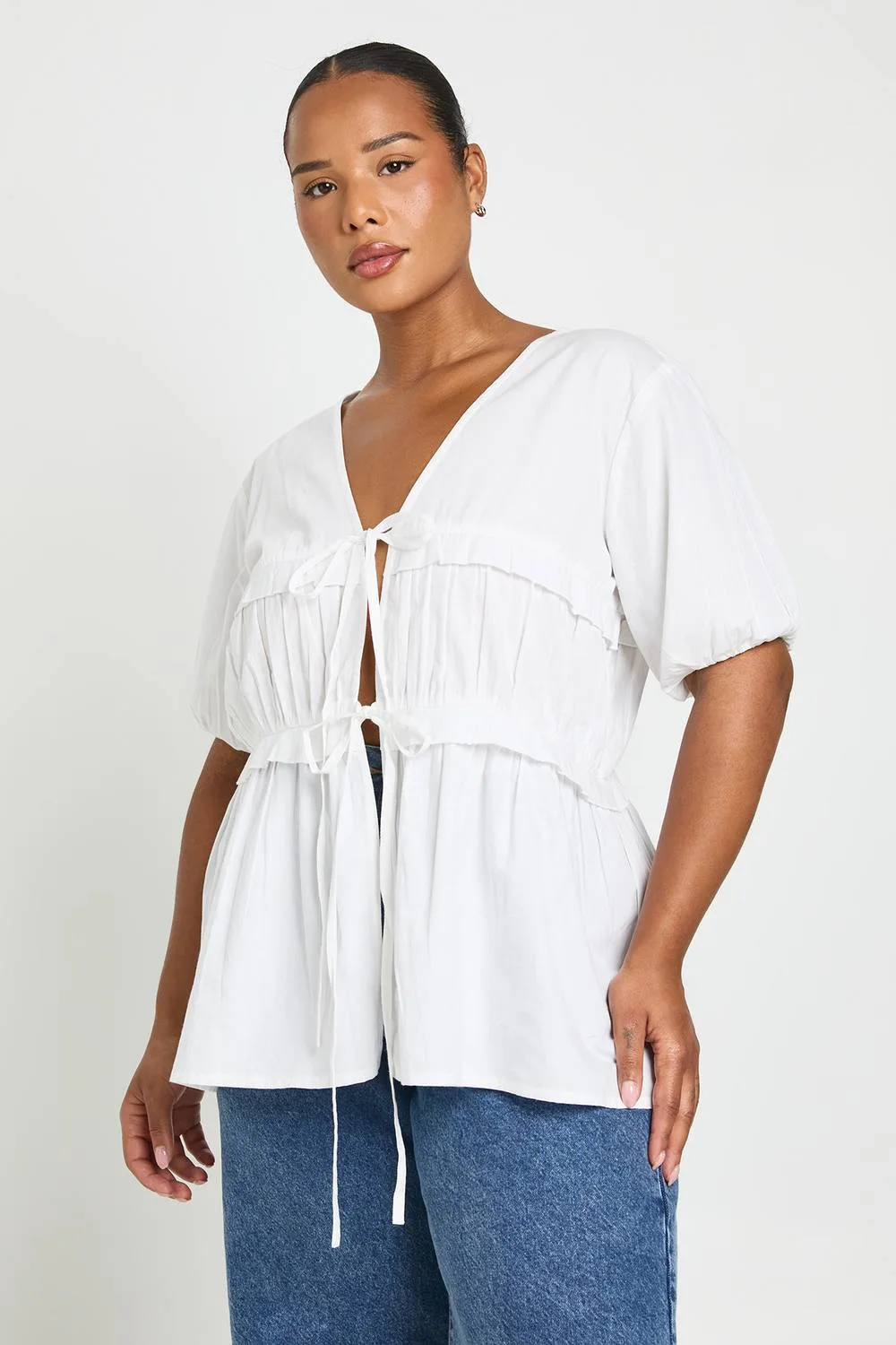 Ruched Tie Front Detail Short Sleeve Smock Top - Denim/Cotton/Linen by boohoo
