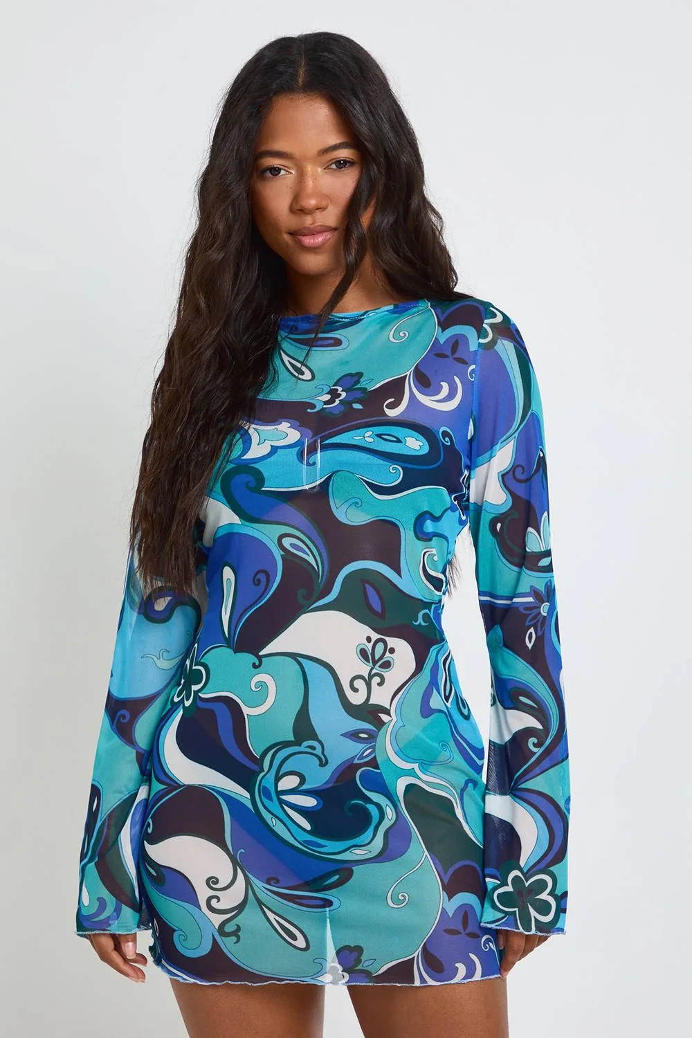 Abstract Print Sheer Mesh Mini Beach Dress - Mesh/Woven by boohoo