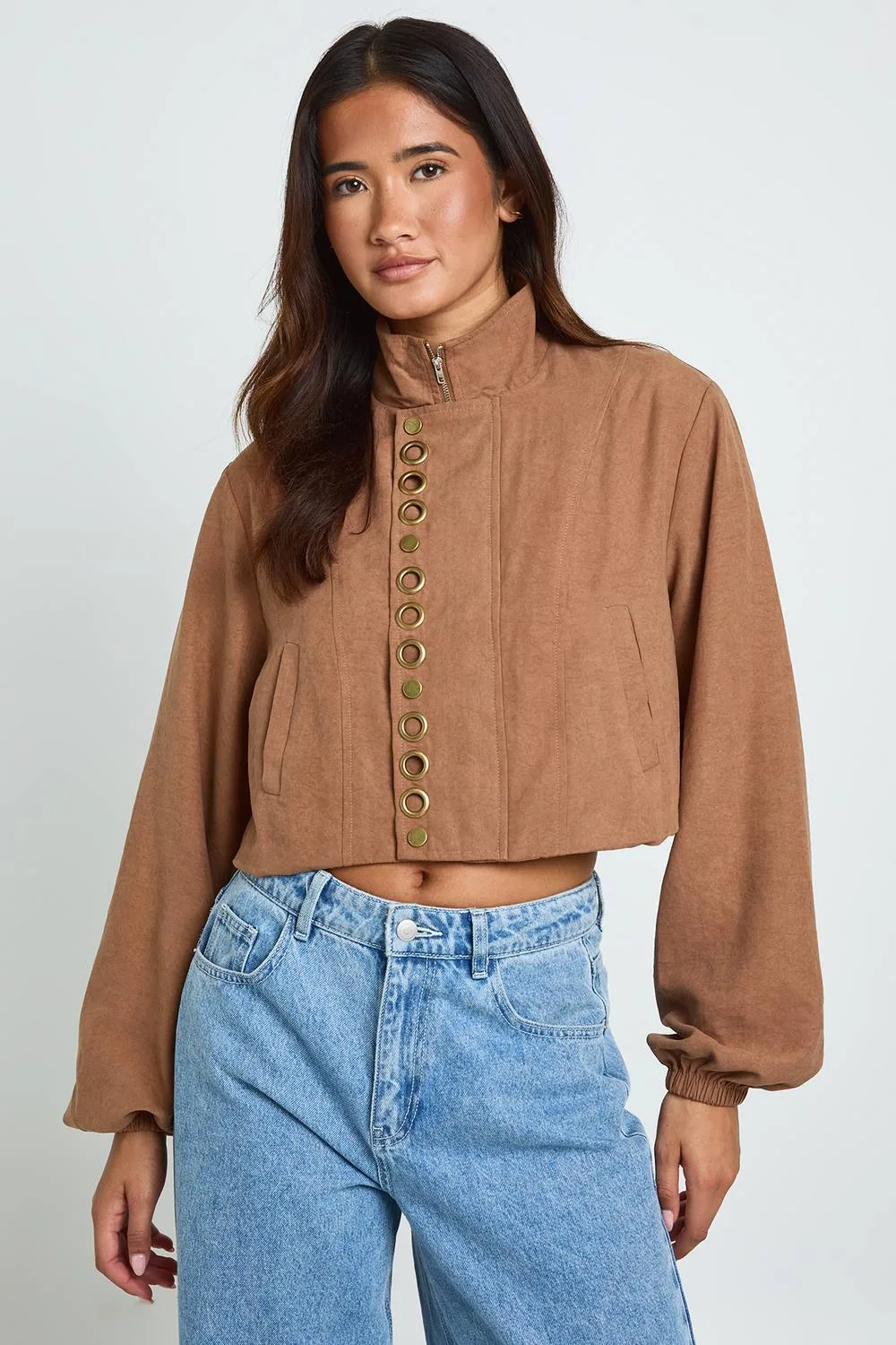 Stud Detail Cropped Funnel Top - Polyurethane/Woven by boohoo