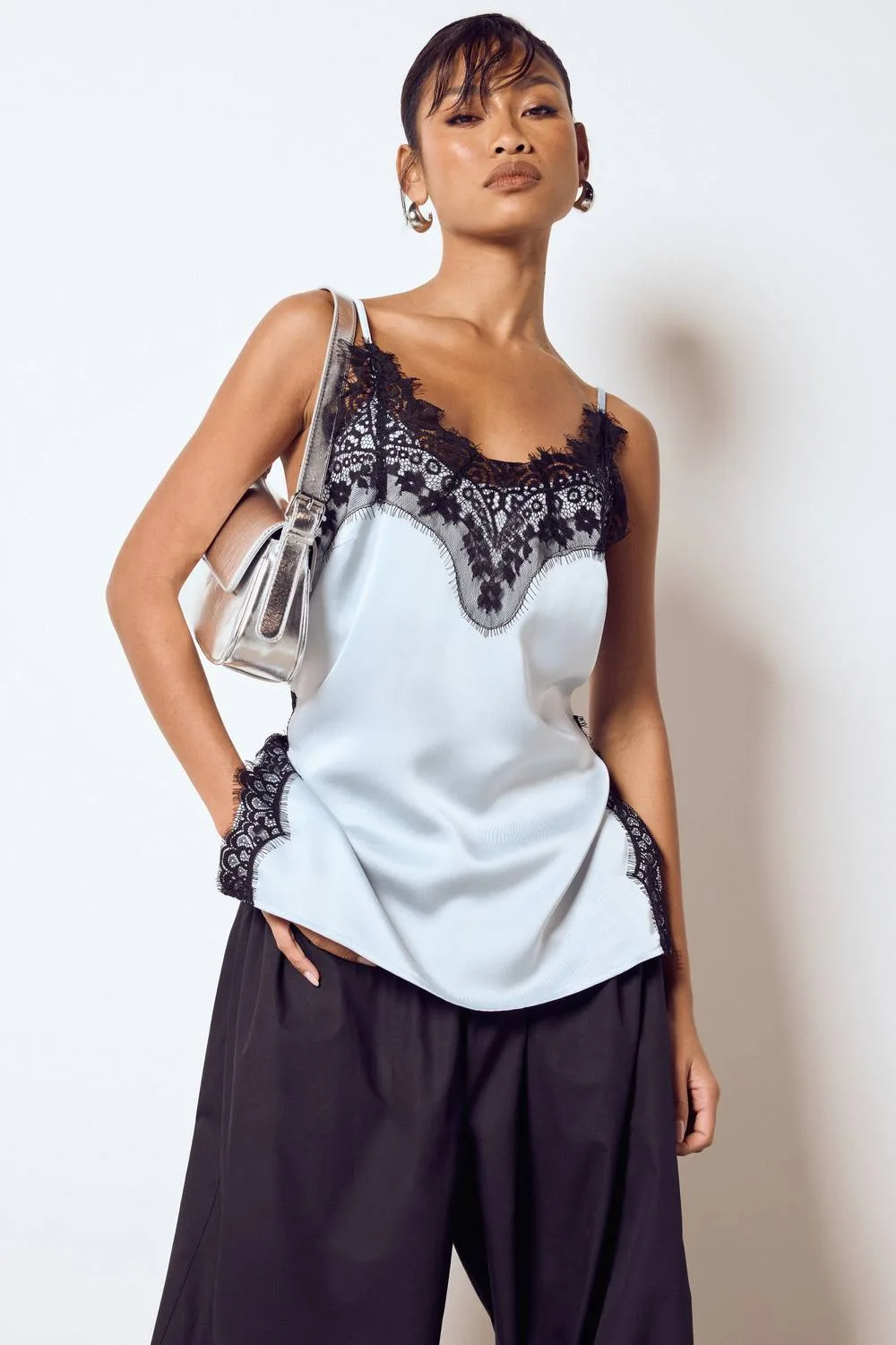 Lace Side Split Satin Cami Top